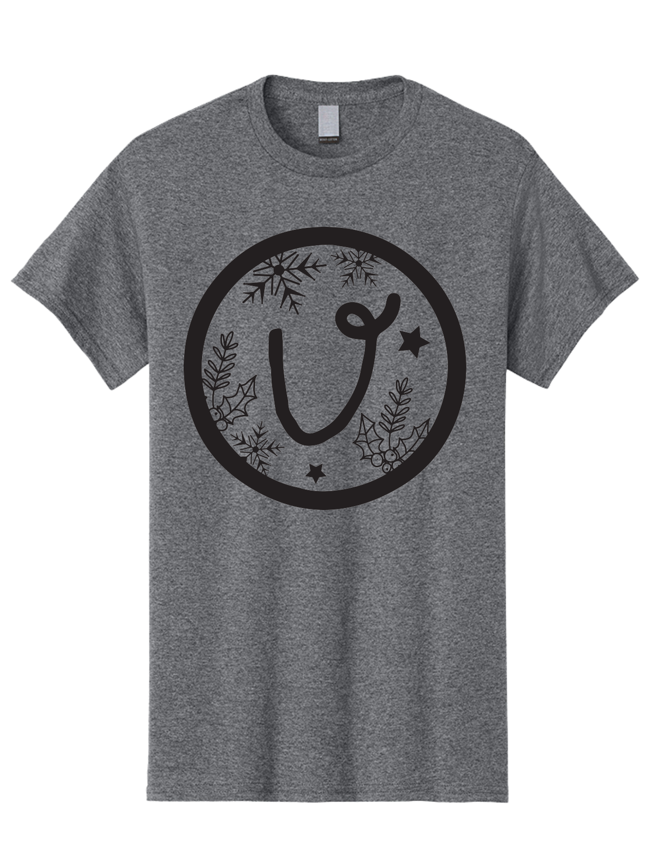U Men'S Graphic Tee, 100% Cotton, Comfortable Casual Summer Wear, Machine Washable, Christmas Wreath, Holiday Decoration, Festive Design, Snowflakes, Holly Leaves, Stars, Seasonal Symbol, Winter Theme, Celebration, Black And Green, 'U' Letter Aad278