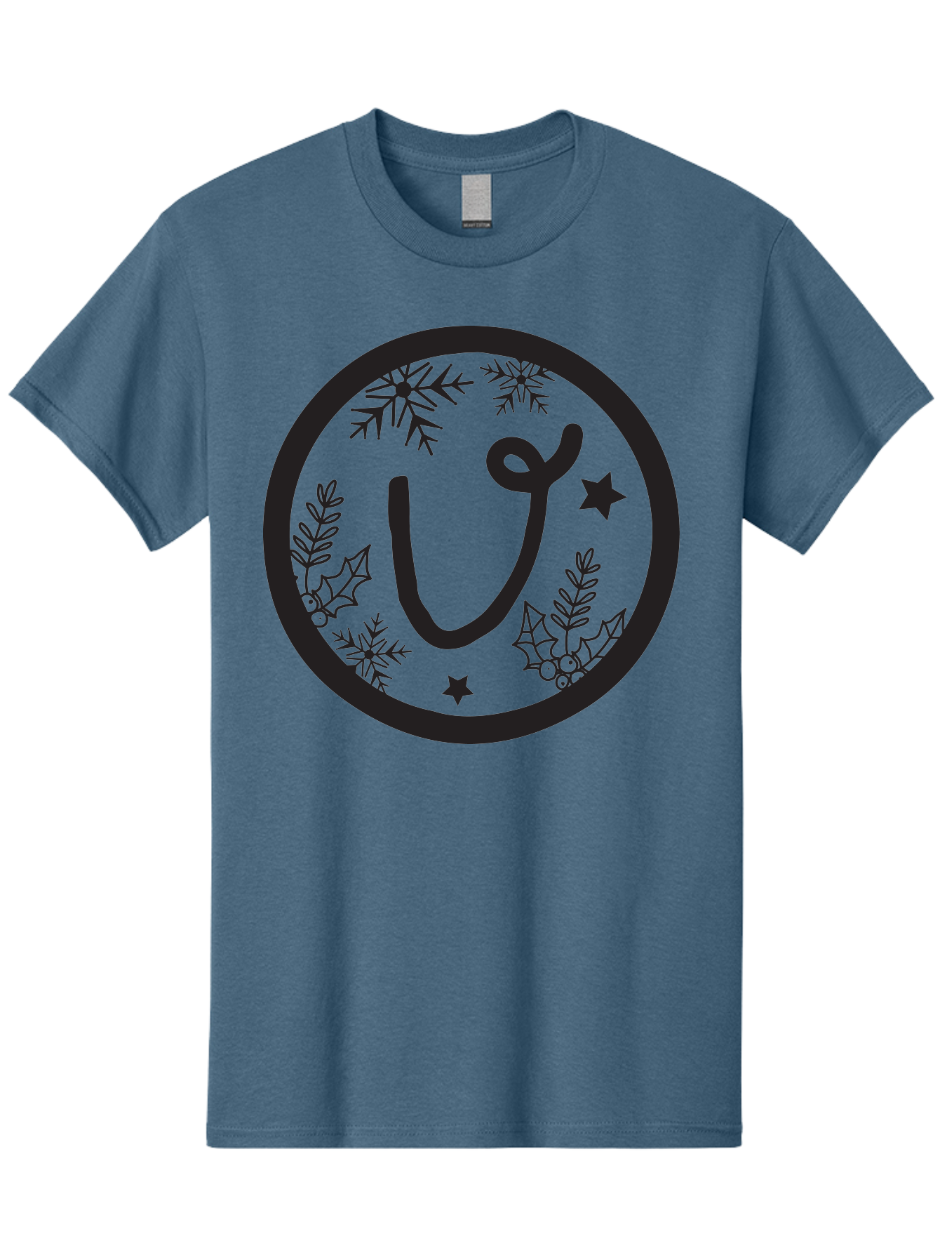 U Men'S Graphic Tee, 100% Cotton, Comfortable Casual Summer Wear, Machine Washable, Christmas Wreath, Holiday Decoration, Festive Design, Snowflakes, Holly Leaves, Stars, Seasonal Symbol, Winter Theme, Celebration, Black And Green, 'U' Letter Aad278