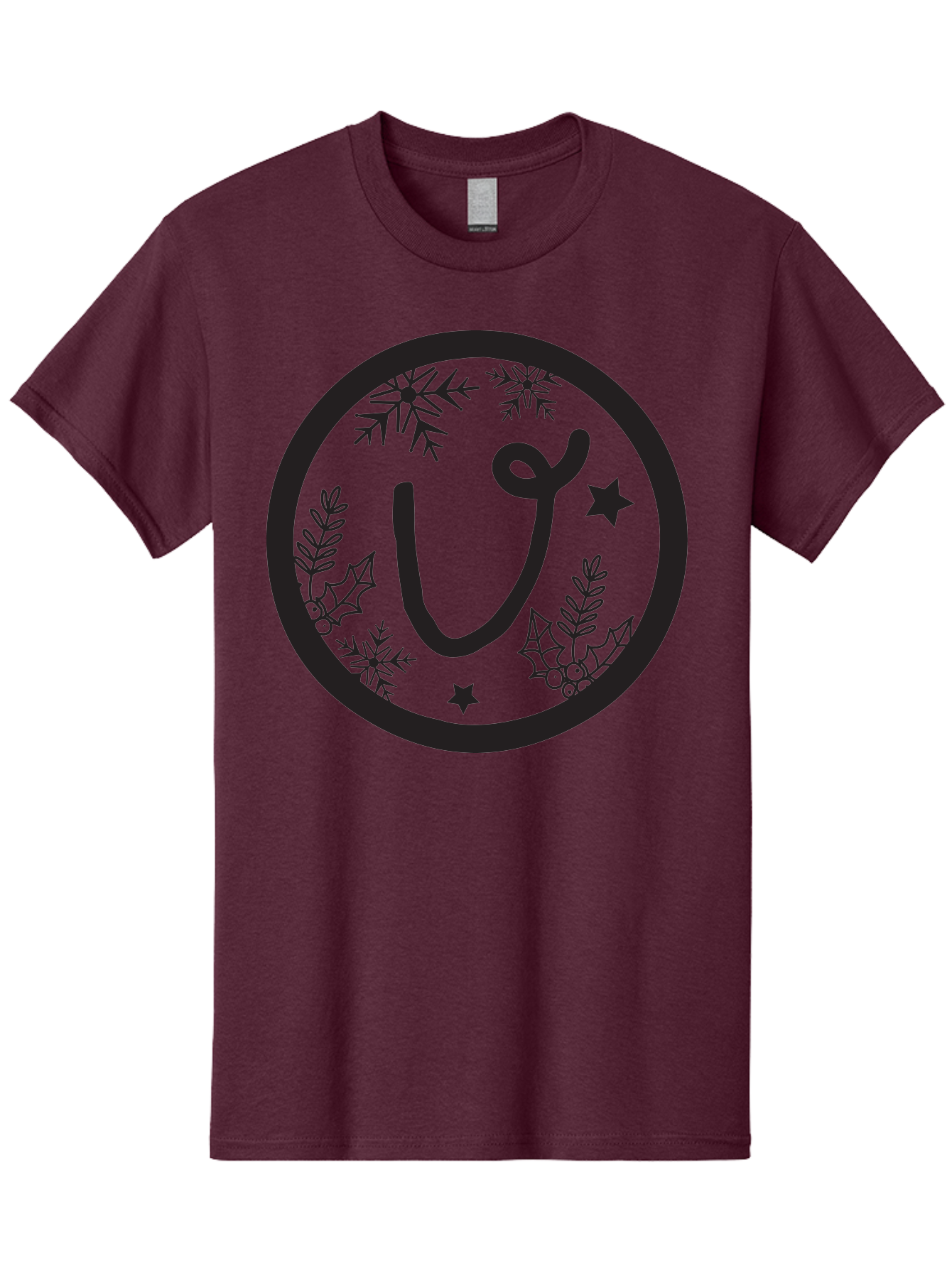 U Men'S Graphic Tee, 100% Cotton, Comfortable Casual Summer Wear, Machine Washable, Christmas Wreath, Holiday Decoration, Festive Design, Snowflakes, Holly Leaves, Stars, Seasonal Symbol, Winter Theme, Celebration, Black And Green, 'U' Letter Aad278