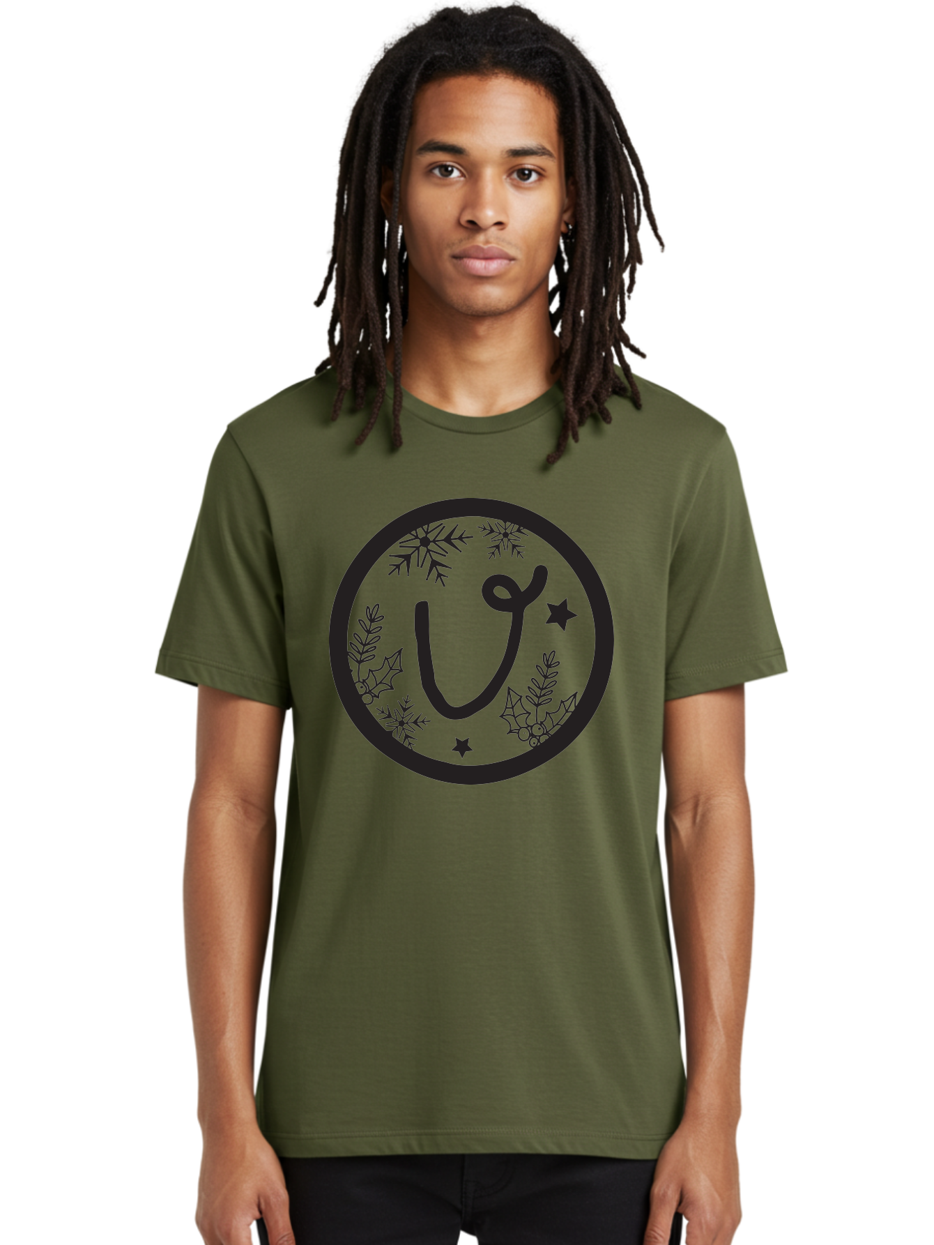U Men'S Graphic Tee, 100% Cotton, Comfortable Casual Summer Wear, Machine Washable, Christmas Wreath, Holiday Decoration, Festive Design, Snowflakes, Holly Leaves, Stars, Seasonal Symbol, Winter Theme, Celebration, Black And Green, 'U' Letter Aad278