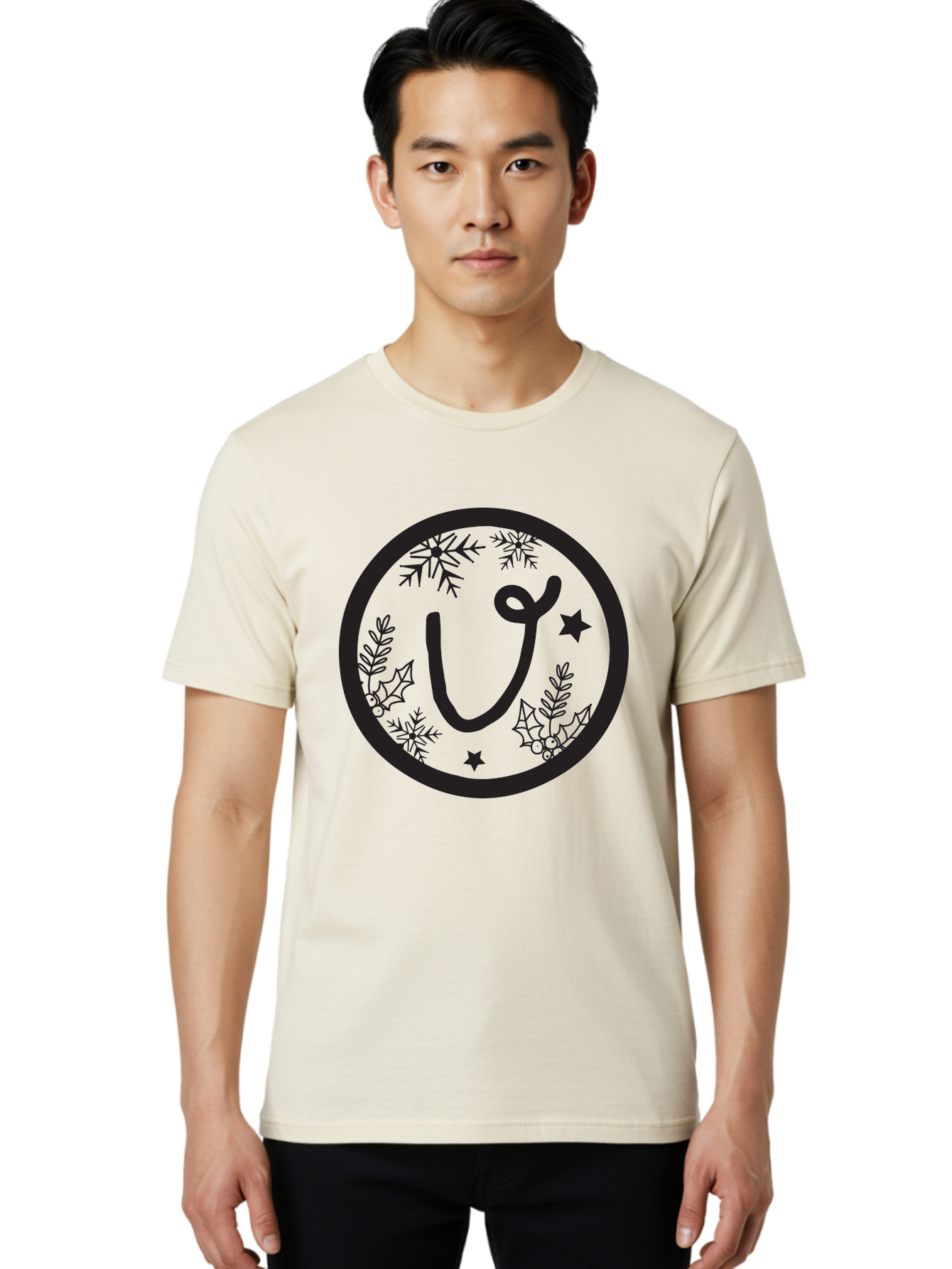 U Men'S Graphic Tee, 100% Cotton, Comfortable Casual Summer Wear, Machine Washable, Christmas Wreath, Holiday Decoration, Festive Design, Snowflakes, Holly Leaves, Stars, Seasonal Symbol, Winter Theme, Celebration, Black And Green, 'U' Letter Aad278