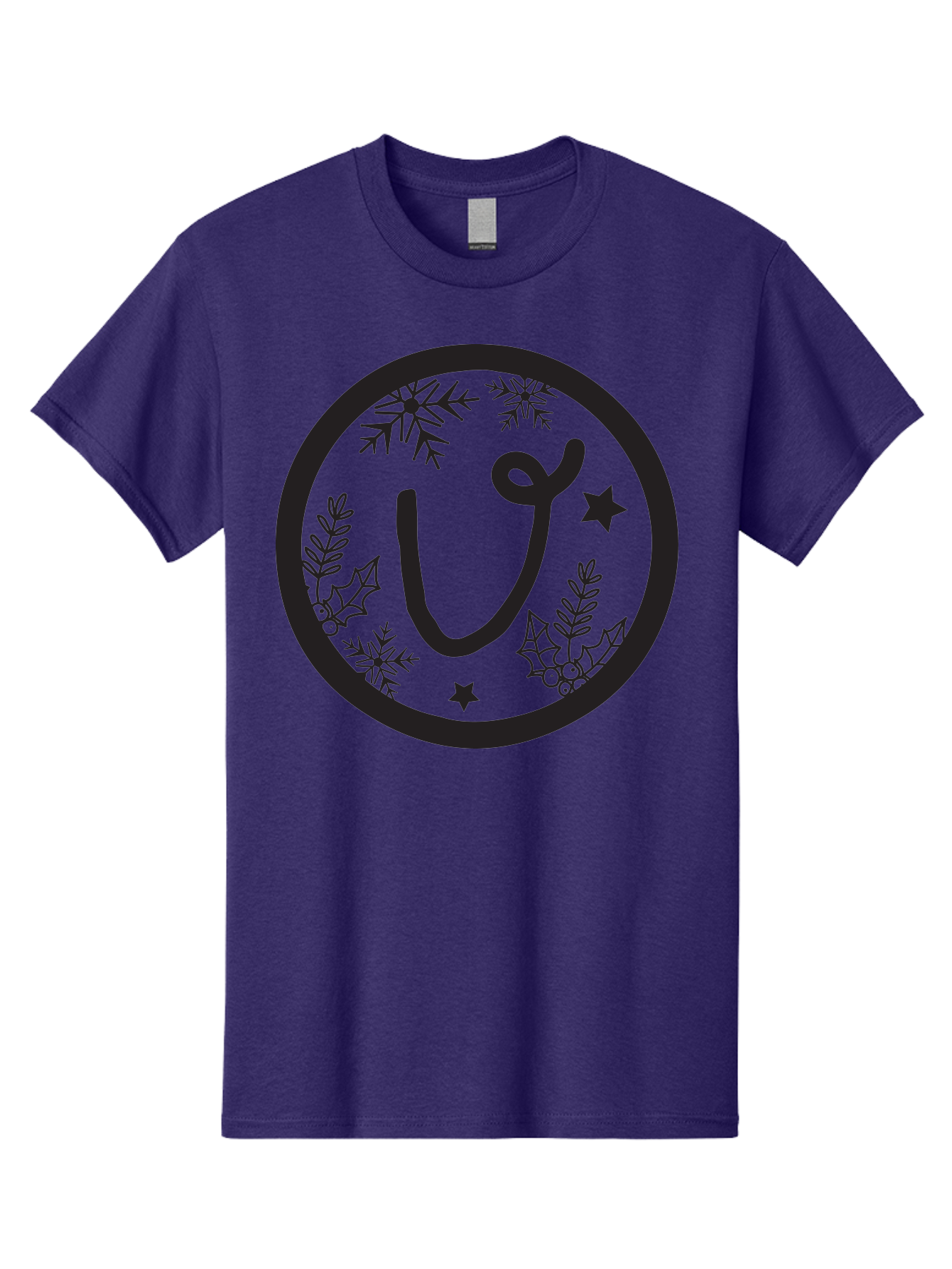U Men'S Graphic Tee, 100% Cotton, Comfortable Casual Summer Wear, Machine Washable, Christmas Wreath, Holiday Decoration, Festive Design, Snowflakes, Holly Leaves, Stars, Seasonal Symbol, Winter Theme, Celebration, Black And Green, 'U' Letter Aad278