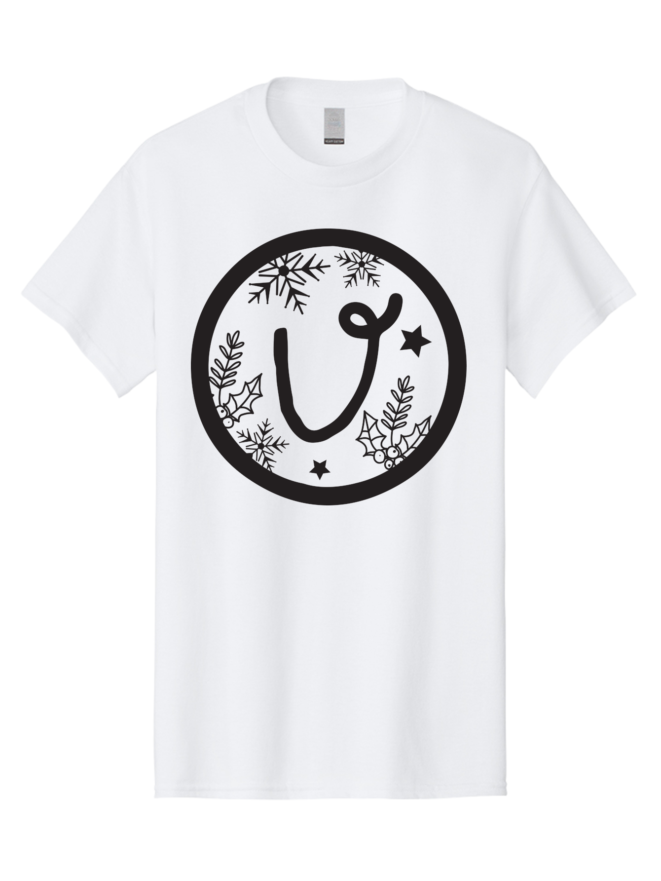 U Men'S Graphic Tee, 100% Cotton, Comfortable Casual Summer Wear, Machine Washable, Christmas Wreath, Holiday Decoration, Festive Design, Snowflakes, Holly Leaves, Stars, Seasonal Symbol, Winter Theme, Celebration, Black And Green, 'U' Letter Aad278