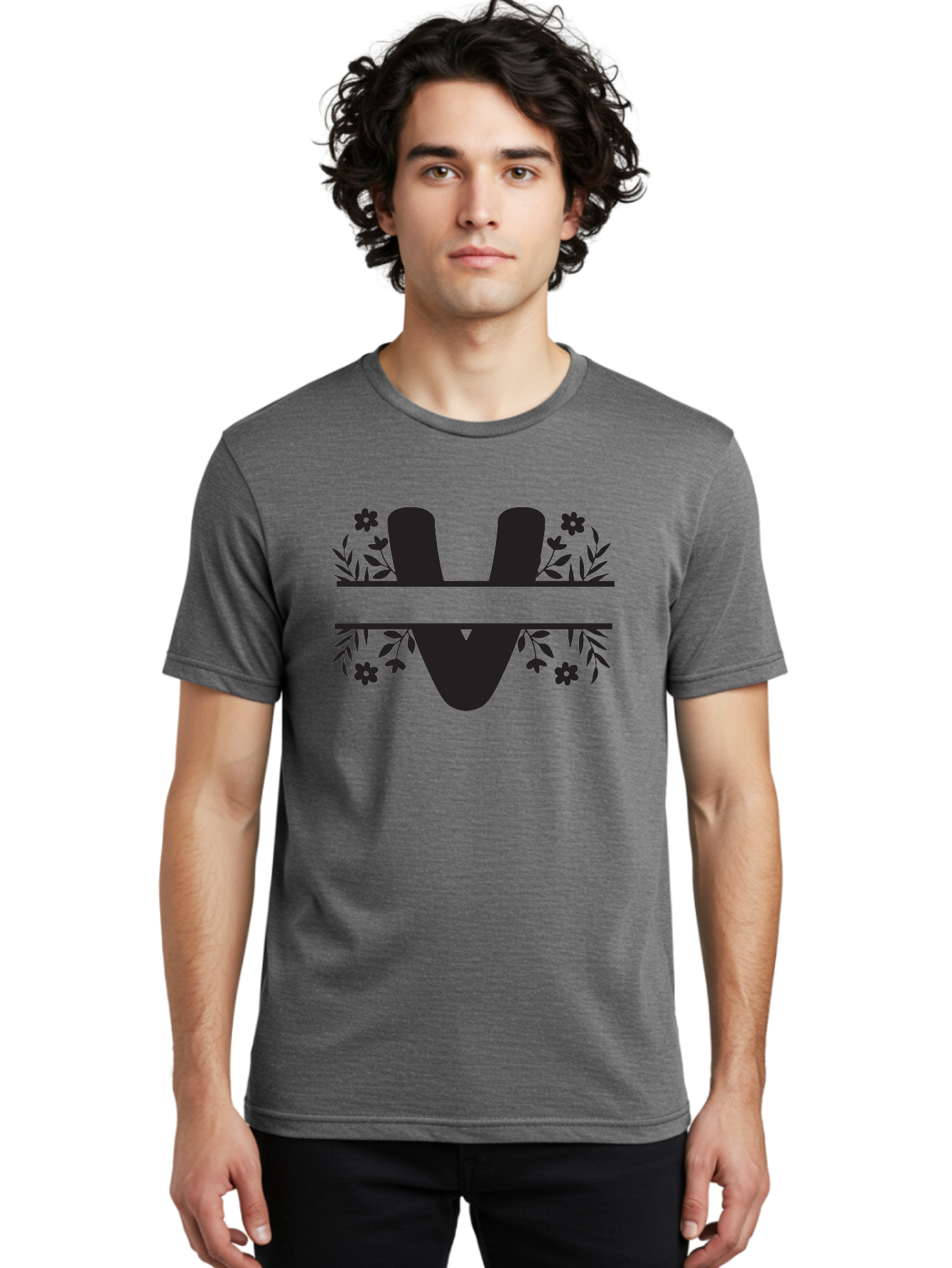 W-1 Men'S Graphic Tee, 100% Cotton, Comfortable Casual Summer Wear, Machine Washable, Stylish Letter W, Floral Design, Black Silhouette, Decorative Flowers, Minimalist Art, Elegant Typography, Modern Graphic Design Aad281