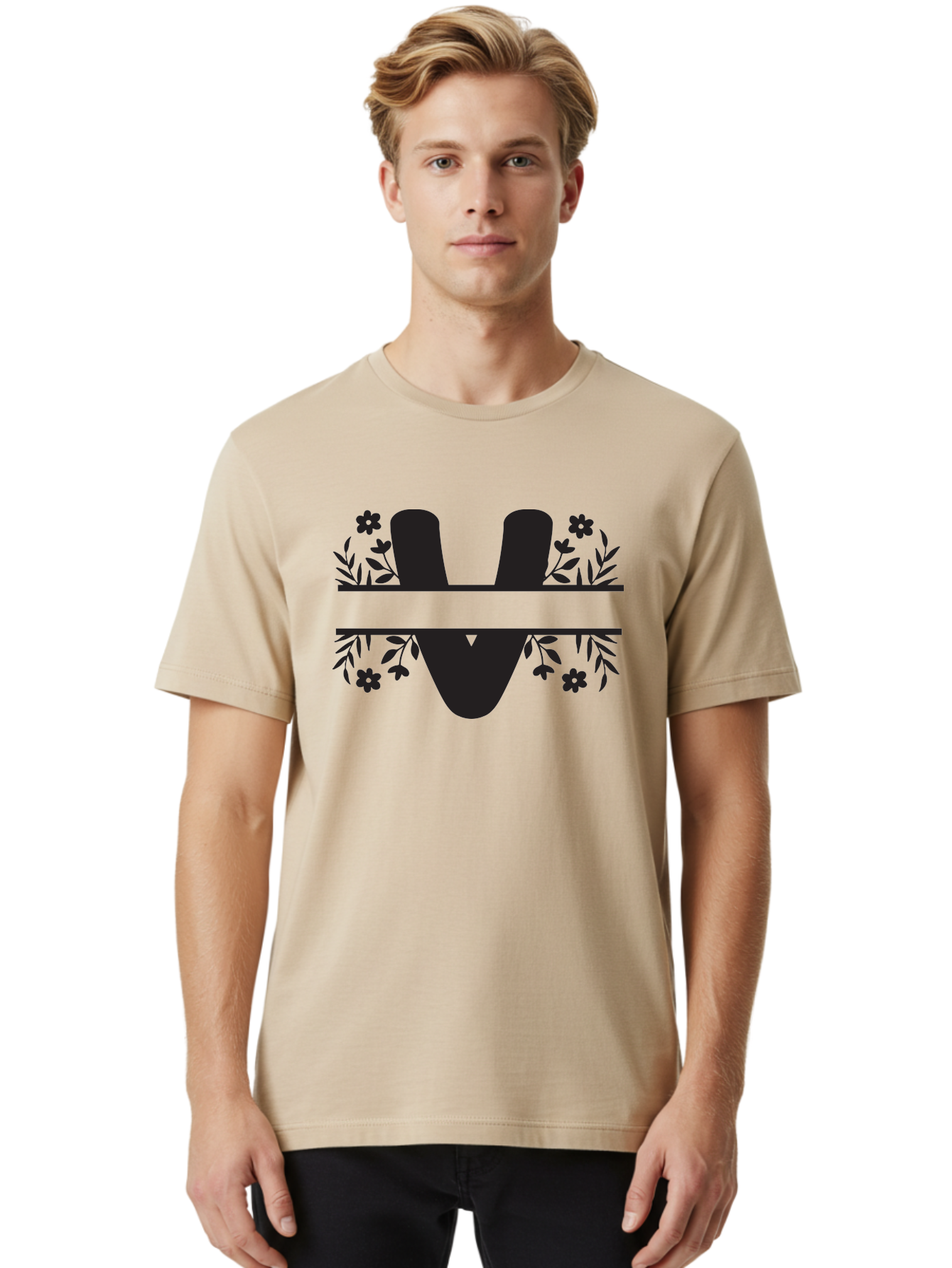 W-1 Men'S Graphic Tee, 100% Cotton, Comfortable Casual Summer Wear, Machine Washable, Stylish Letter W, Floral Design, Black Silhouette, Decorative Flowers, Minimalist Art, Elegant Typography, Modern Graphic Design Aad281