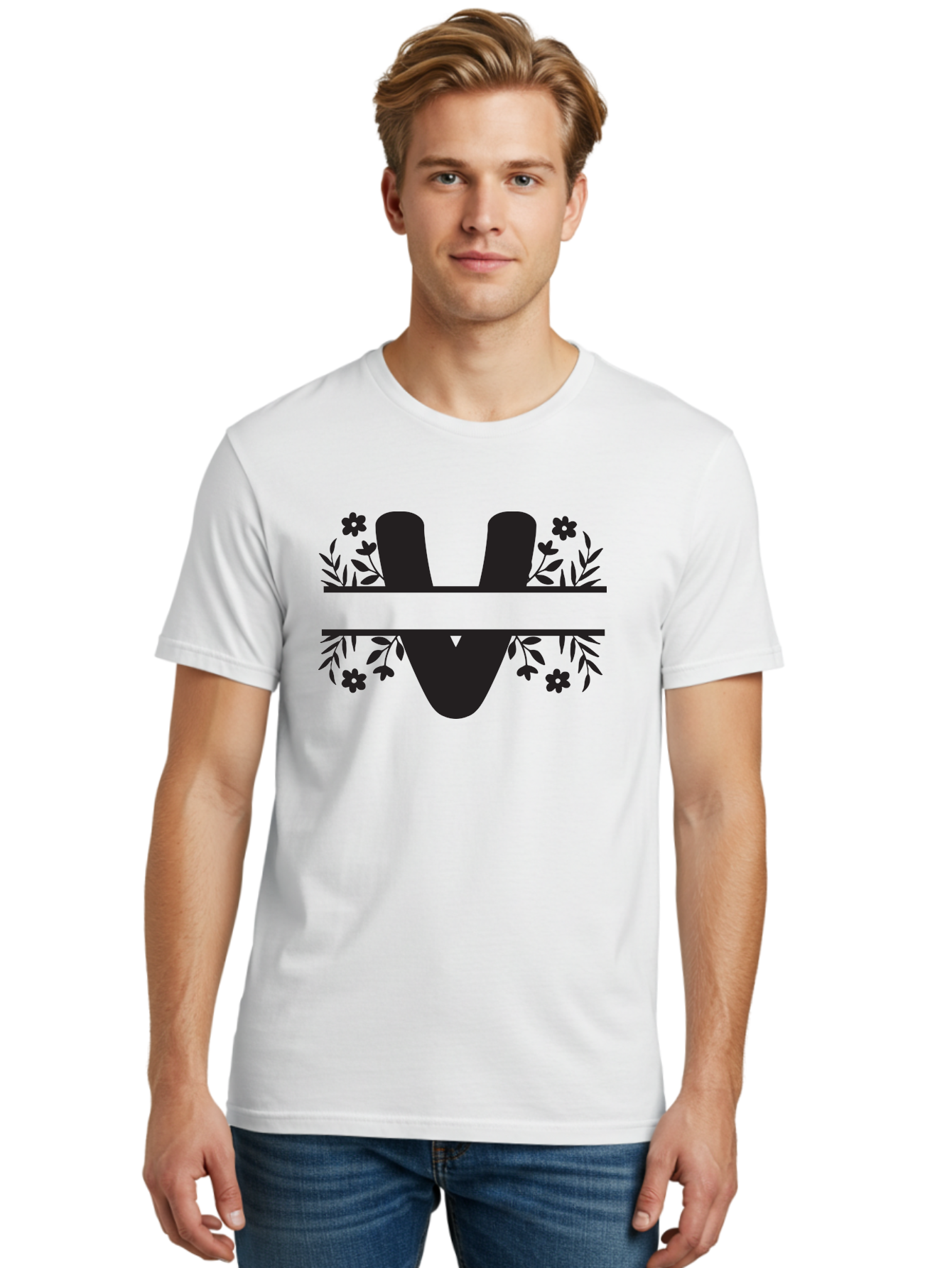 W-1 Men'S Graphic Tee, 100% Cotton, Comfortable Casual Summer Wear, Machine Washable, Stylish Letter W, Floral Design, Black Silhouette, Decorative Flowers, Minimalist Art, Elegant Typography, Modern Graphic Design Aad281
