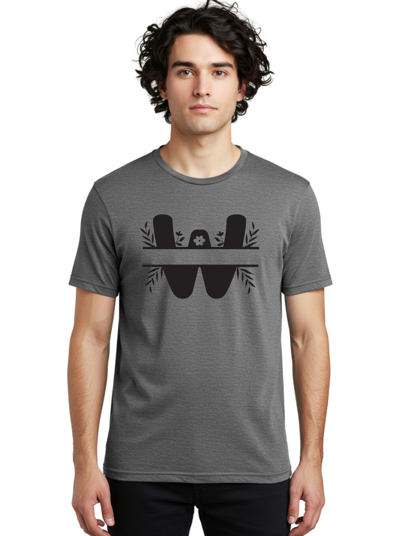W-Logo Men'S Graphic Tee, 100% Cotton, Comfortable Casual Summer Wear, Machine Washable, Stylized Letter W, Floral Motifs, Minimalist Design, Black Silhouette, Leafy Pattern, Four-Leaf Clover Aad283