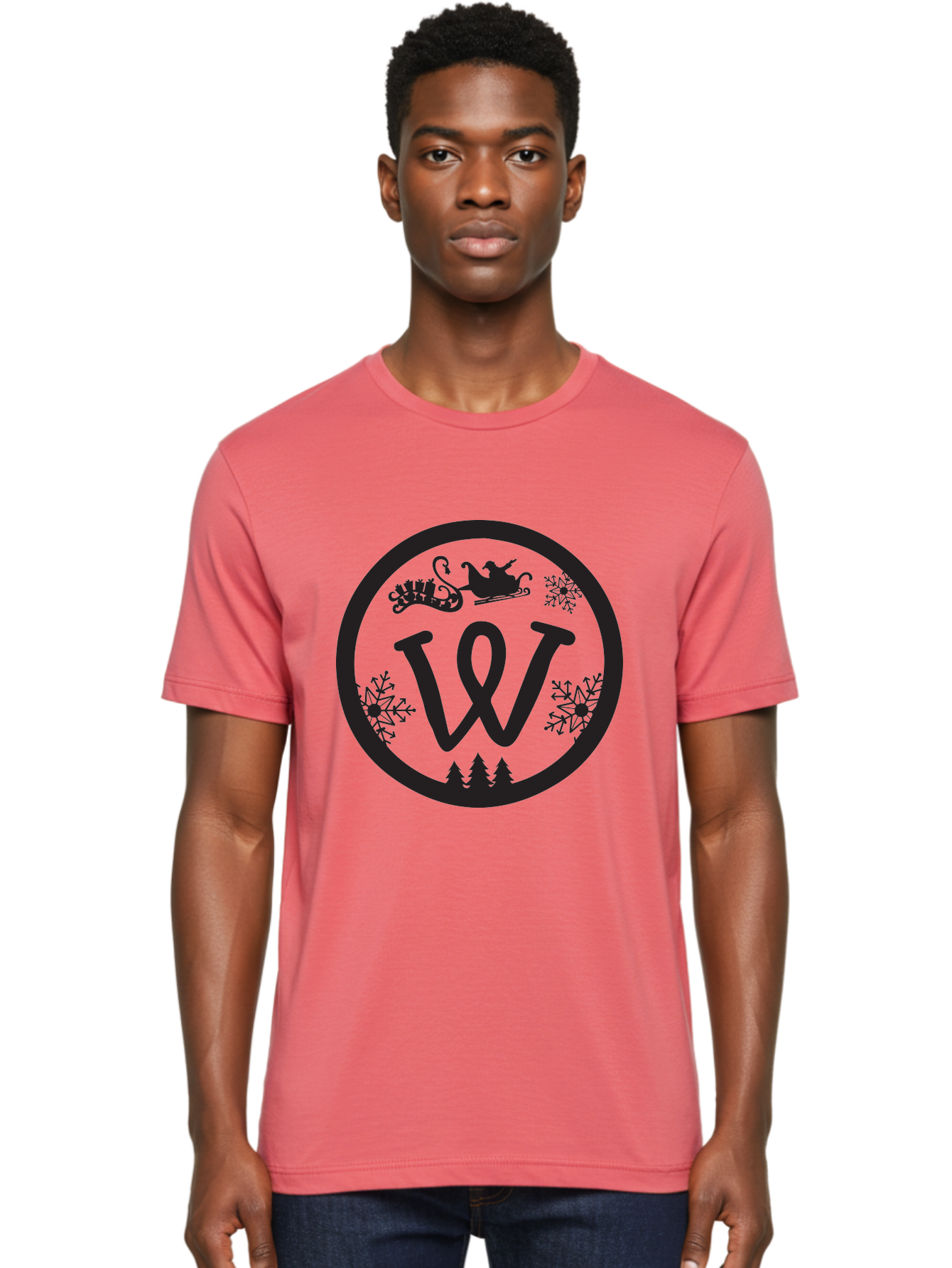 W Men'S Graphic Tee, 100% Cotton, Comfortable Casual Summer Wear, Machine Washable, Christmas Logo, Snowflakes, Christmas Trees, Santa Sleigh, Festive Design, Winter Wonderland, Holiday Graphics, Black And Green Theme Aad284