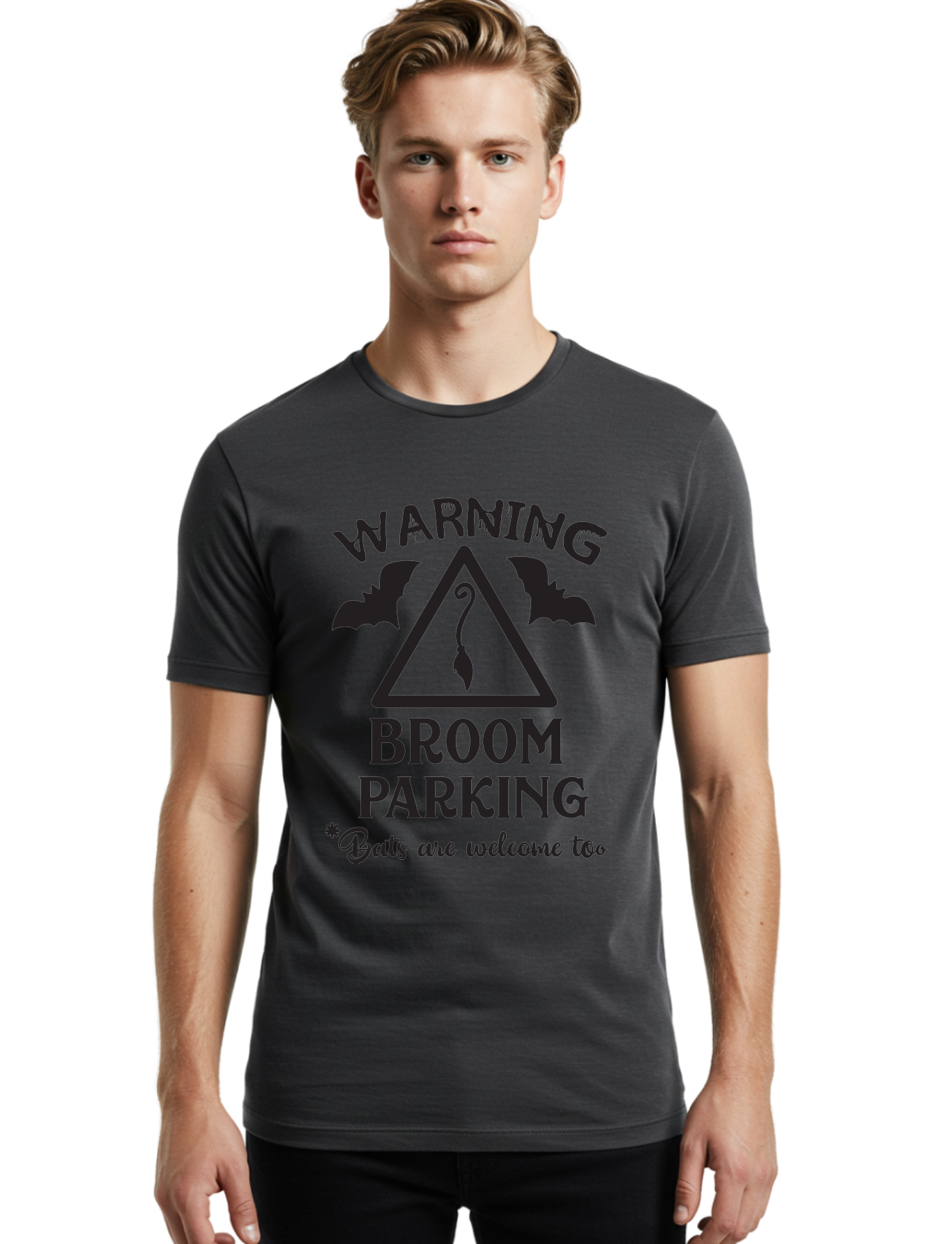 Warning-Broom-Parking Men'S Graphic Tee, 100% Cotton, Comfortable Casual Summer Wear, Machine Washable, Halloween Warning Sign, Broom Parking, Bats Are Welcome, Spooky Decor, Witchy Vibes, Halloween Decorations, Funny Halloween Signs Aad286