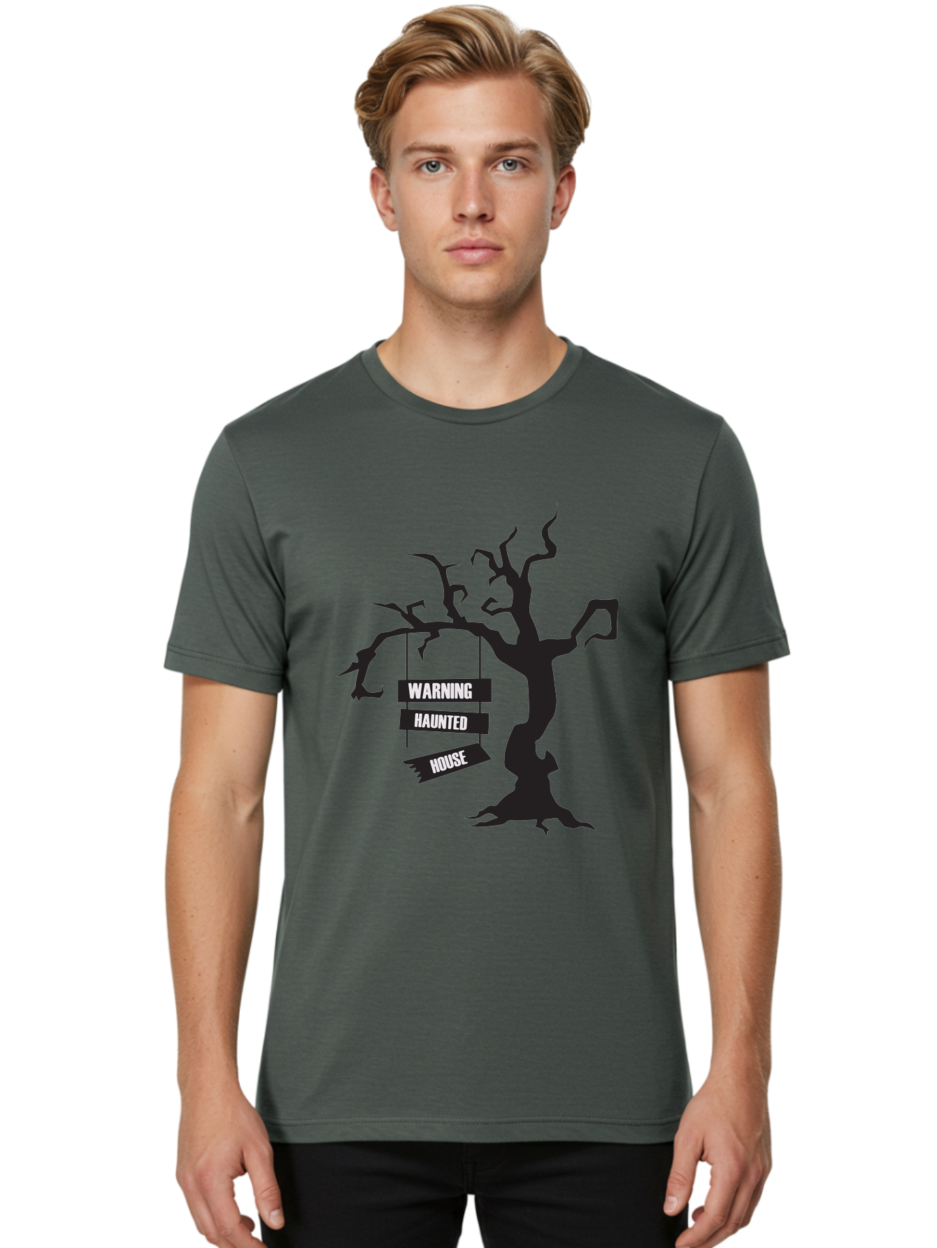 Warning-Haunted-House Men'S Graphic Tee, 100% Cotton, Comfortable Casual Summer Wear, Machine Washable, Haunted House, Spooky Tree, Warning Signs, Halloween Decorations, Scary Silhouettes, Haunted House Signs, Halloween Graphics, Aad287