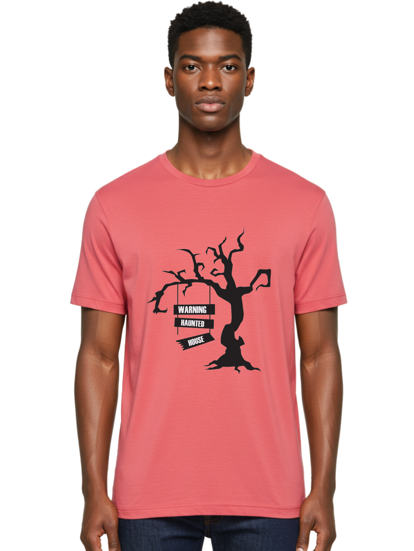 Warning-Haunted-House Men'S Graphic Tee, 100% Cotton, Comfortable Casual Summer Wear, Machine Washable, Haunted House, Spooky Tree, Warning Signs, Halloween Decorations, Scary Silhouettes, Haunted House Signs, Halloween Graphics, Aad287