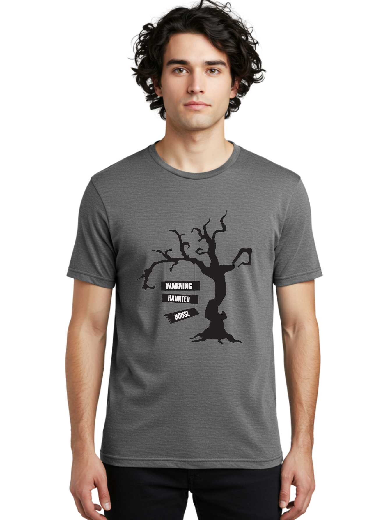 Warning-Haunted-House Men'S Graphic Tee, 100% Cotton, Comfortable Casual Summer Wear, Machine Washable, Haunted House, Spooky Tree, Warning Signs, Halloween Decorations, Scary Silhouettes, Haunted House Signs, Halloween Graphics, Aad287