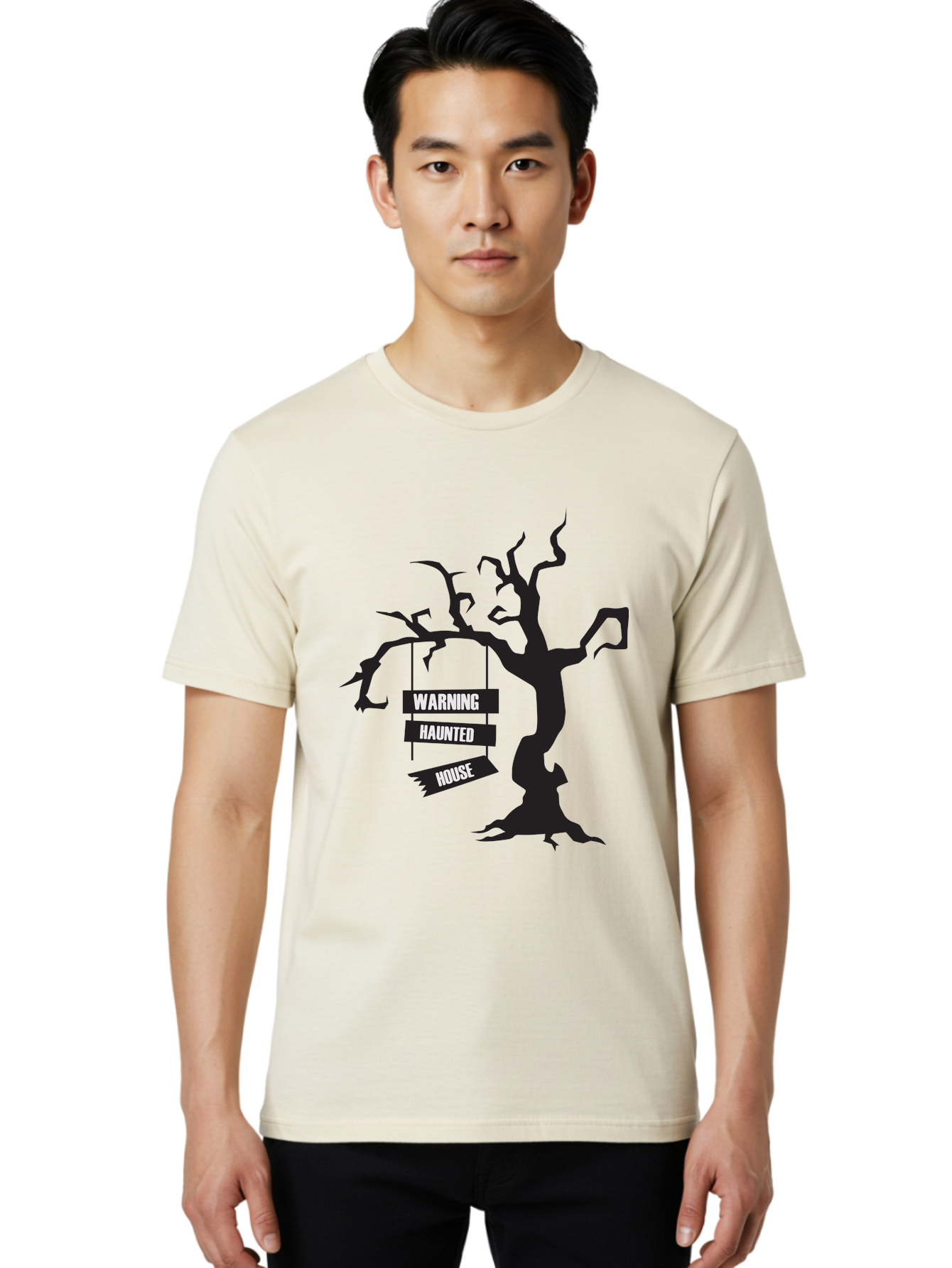 Warning-Haunted-House Men'S Graphic Tee, 100% Cotton, Comfortable Casual Summer Wear, Machine Washable, Haunted House, Spooky Tree, Warning Signs, Halloween Decorations, Scary Silhouettes, Haunted House Signs, Halloween Graphics, Aad287