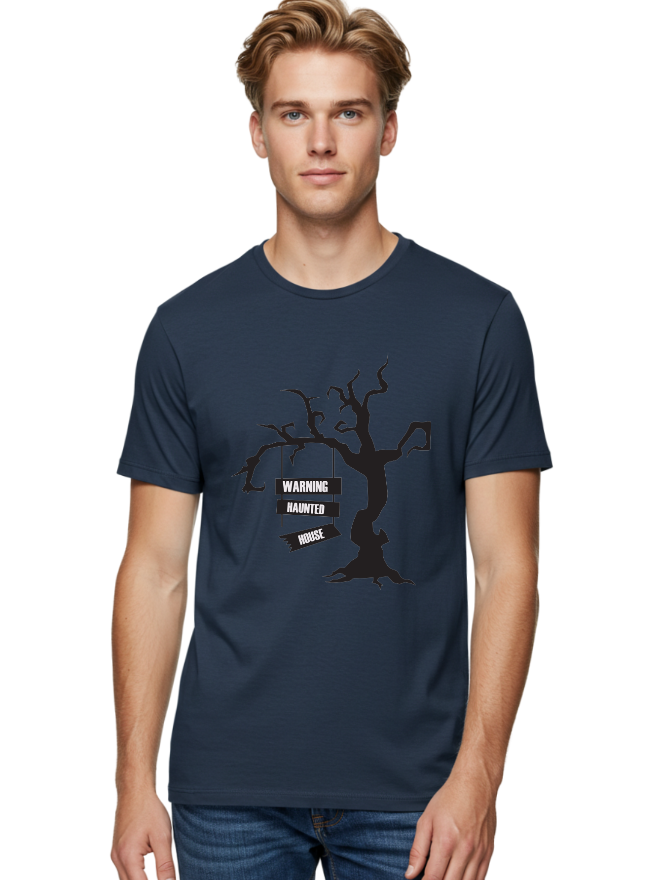 Warning-Haunted-House Men'S Graphic Tee, 100% Cotton, Comfortable Casual Summer Wear, Machine Washable, Haunted House, Spooky Tree, Warning Signs, Halloween Decorations, Scary Silhouettes, Haunted House Signs, Halloween Graphics, Aad287