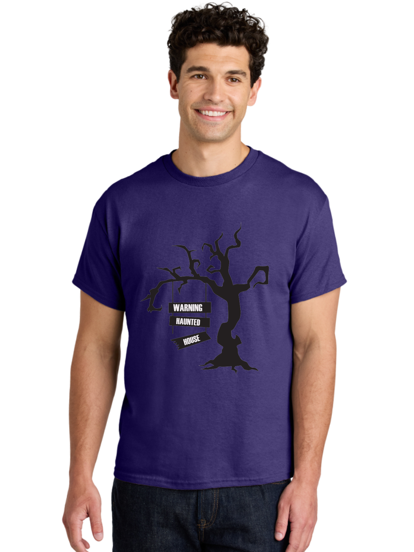 Warning-Haunted-House Men'S Graphic Tee, 100% Cotton, Comfortable Casual Summer Wear, Machine Washable, Haunted House, Spooky Tree, Warning Signs, Halloween Decorations, Scary Silhouettes, Haunted House Signs, Halloween Graphics, Aad287