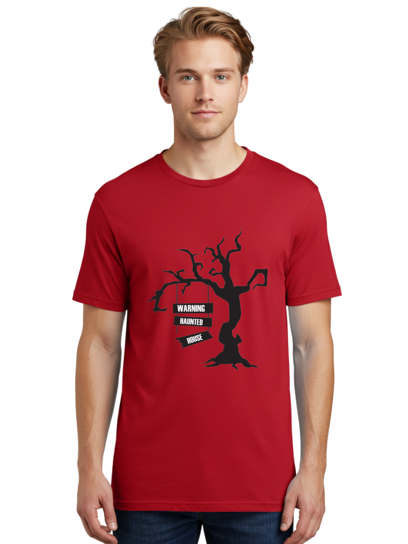 Warning-Haunted-House Men'S Graphic Tee, 100% Cotton, Comfortable Casual Summer Wear, Machine Washable, Haunted House, Spooky Tree, Warning Signs, Halloween Decorations, Scary Silhouettes, Haunted House Signs, Halloween Graphics, Aad287