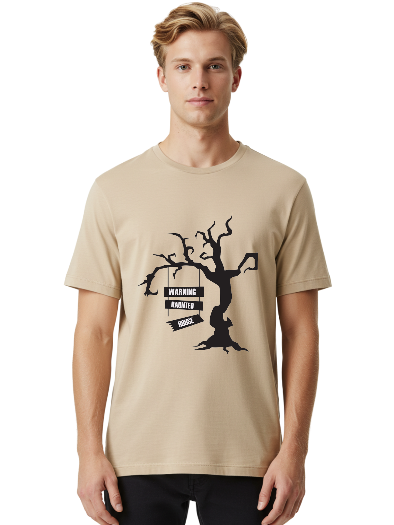 Warning-Haunted-House Men'S Graphic Tee, 100% Cotton, Comfortable Casual Summer Wear, Machine Washable, Haunted House, Spooky Tree, Warning Signs, Halloween Decorations, Scary Silhouettes, Haunted House Signs, Halloween Graphics, Aad287