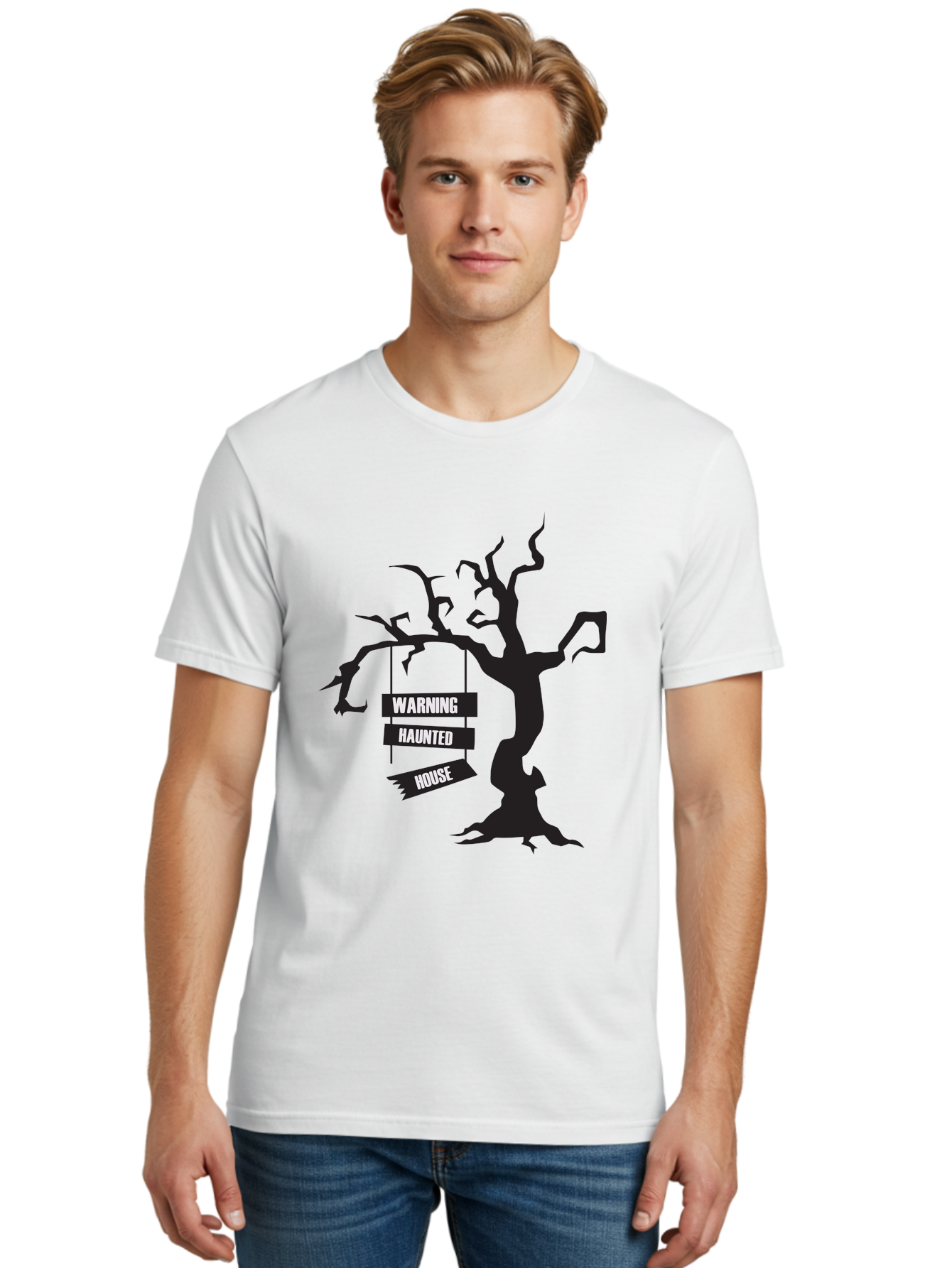 Warning-Haunted-House Men'S Graphic Tee, 100% Cotton, Comfortable Casual Summer Wear, Machine Washable, Haunted House, Spooky Tree, Warning Signs, Halloween Decorations, Scary Silhouettes, Haunted House Signs, Halloween Graphics, Aad287