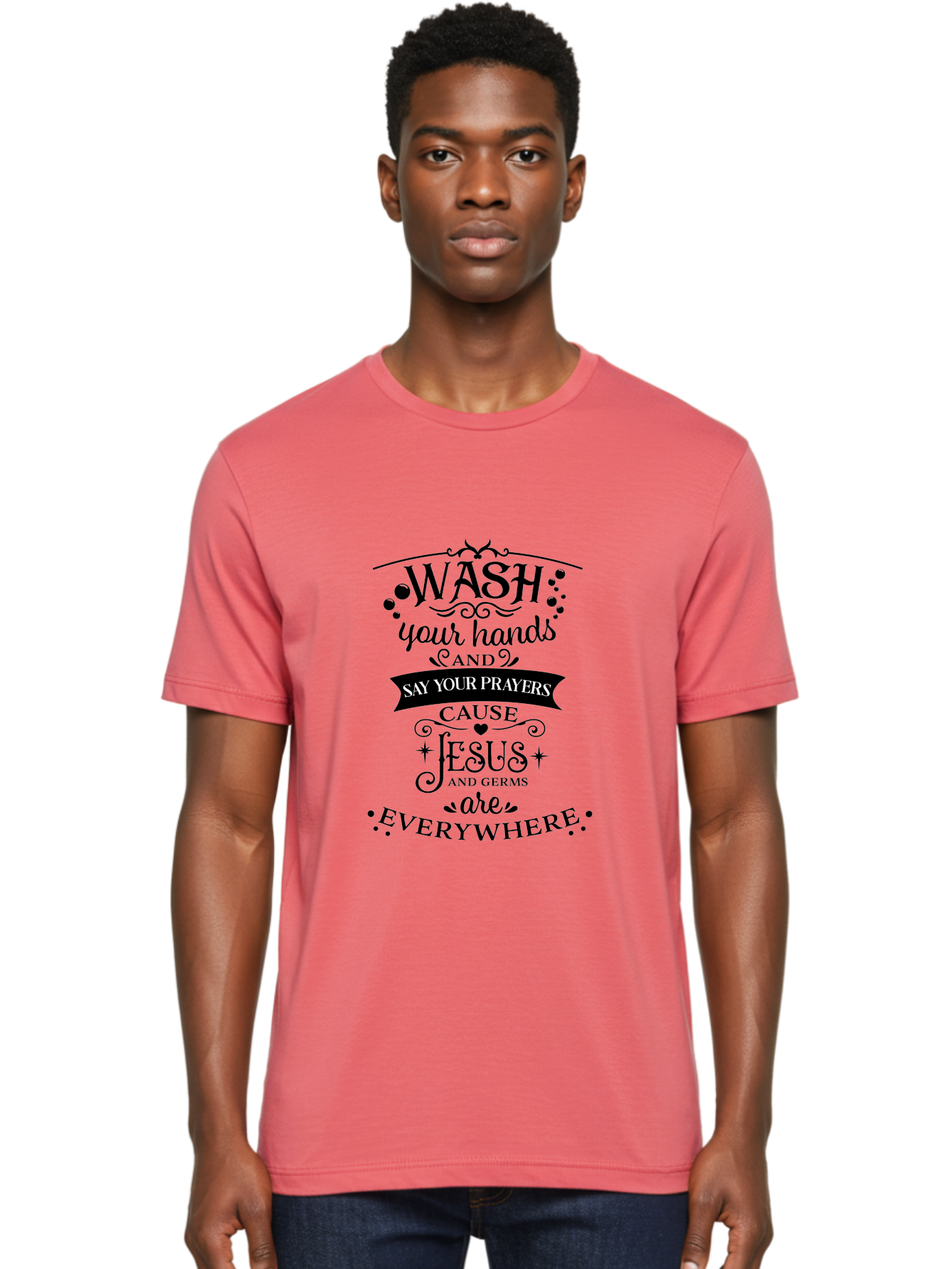 Wash-Your-Hands-And-Say-Your-Prayers Men'S Graphic Tee, 100% Cotton, Comfortable Casual Summer Wear, Machine Washable, Inspirational Quote, Motivational Message, Faith-Based Design, Hygiene Reminder, Jesus And Germs, Prayer Inspiration, Aad288