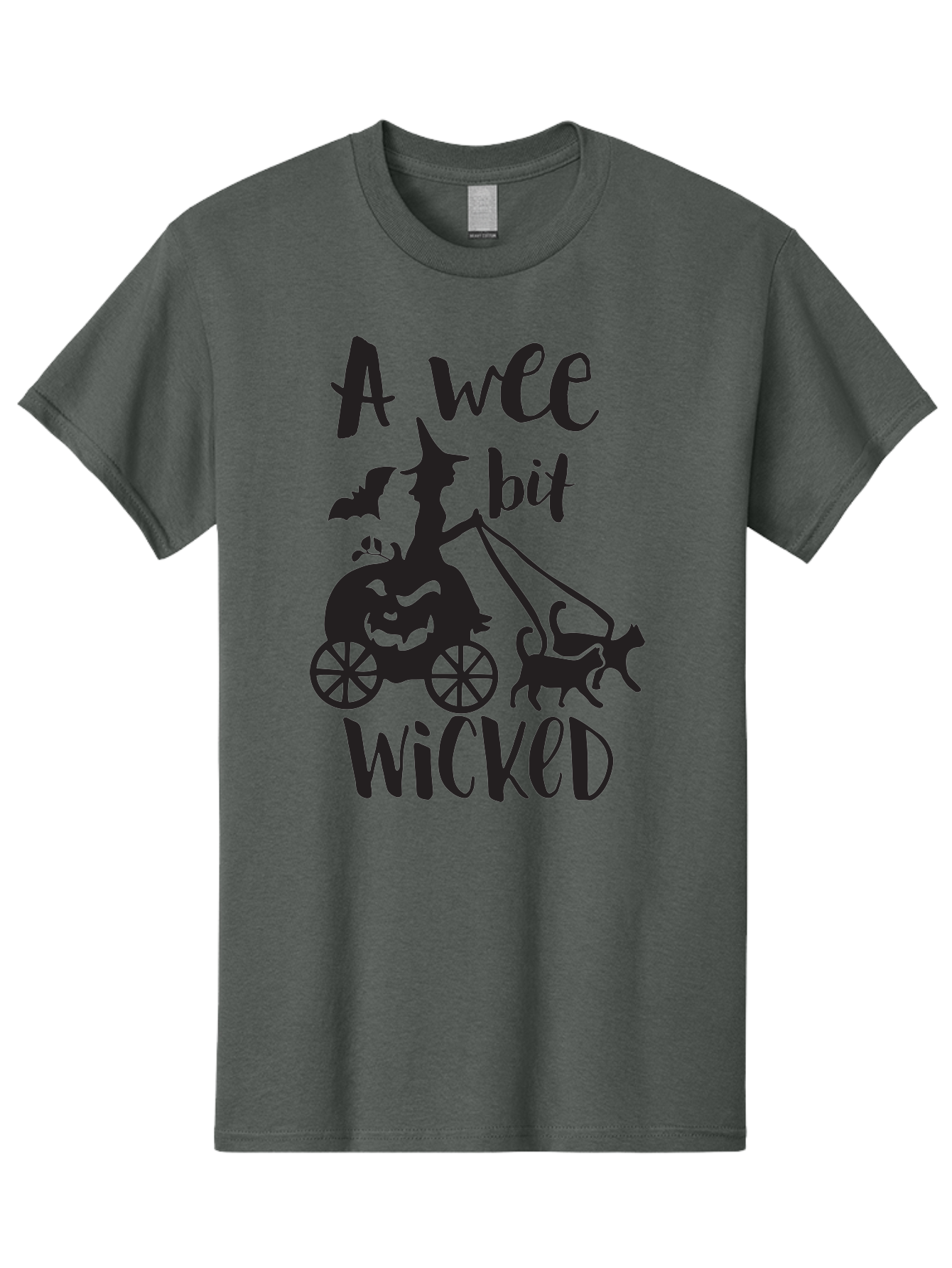 Wee-Bit-Wicked Men'S Graphic Tee, 100% Cotton, Comfortable Casual Summer Wear, Machine Washable, Witch Riding Pumpkin Cart, Black Cats, Bats, Halloween Silhouette, Spooky Scene, Halloween Decorations, Witchy Vibes, Jack-O-Lantern, Aad293