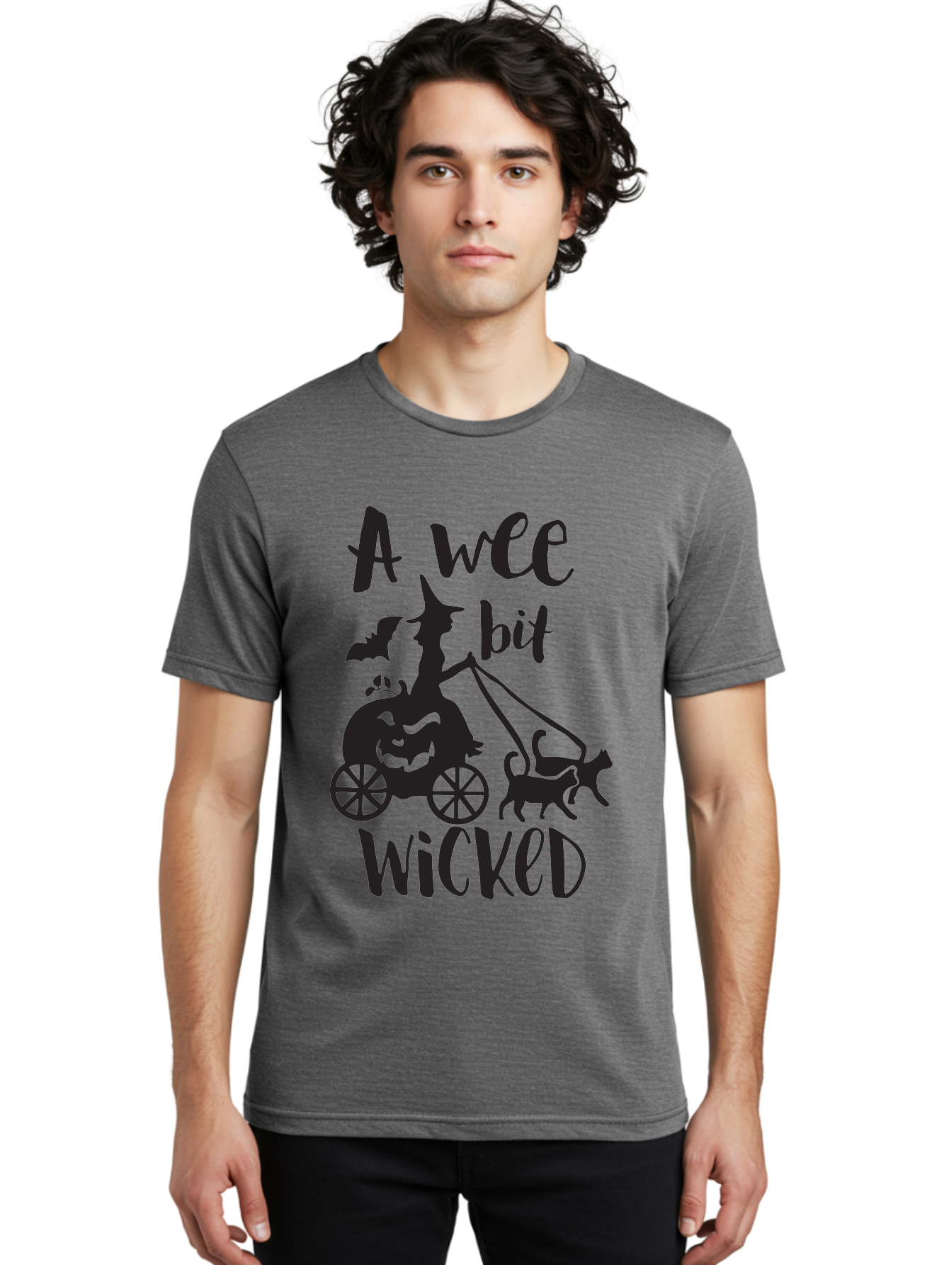 Wee-Bit-Wicked Men'S Graphic Tee, 100% Cotton, Comfortable Casual Summer Wear, Machine Washable, Witch Riding Pumpkin Cart, Black Cats, Bats, Halloween Silhouette, Spooky Scene, Halloween Decorations, Witchy Vibes, Jack-O-Lantern, Aad293