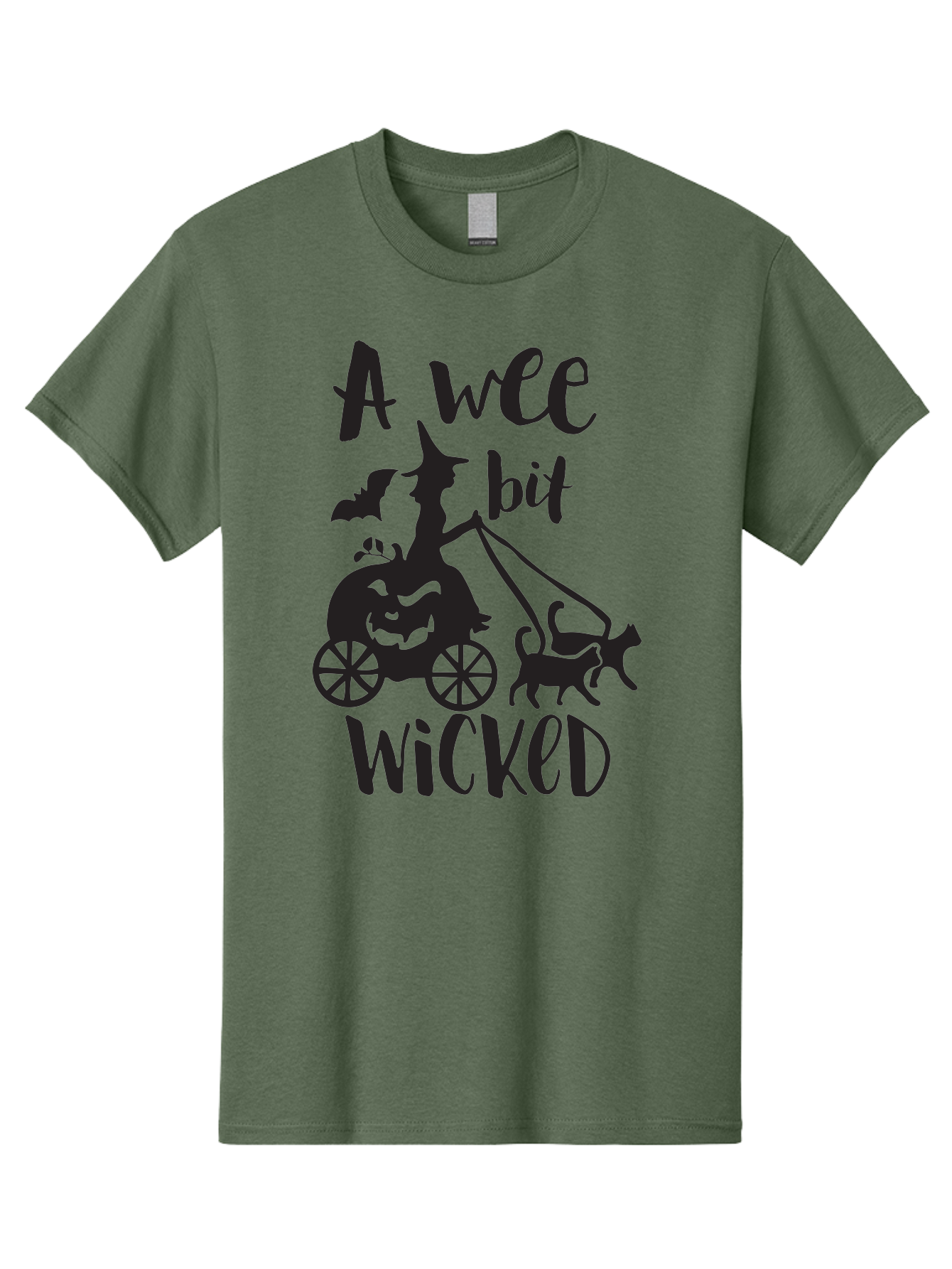 Wee-Bit-Wicked Men'S Graphic Tee, 100% Cotton, Comfortable Casual Summer Wear, Machine Washable, Witch Riding Pumpkin Cart, Black Cats, Bats, Halloween Silhouette, Spooky Scene, Halloween Decorations, Witchy Vibes, Jack-O-Lantern, Aad293