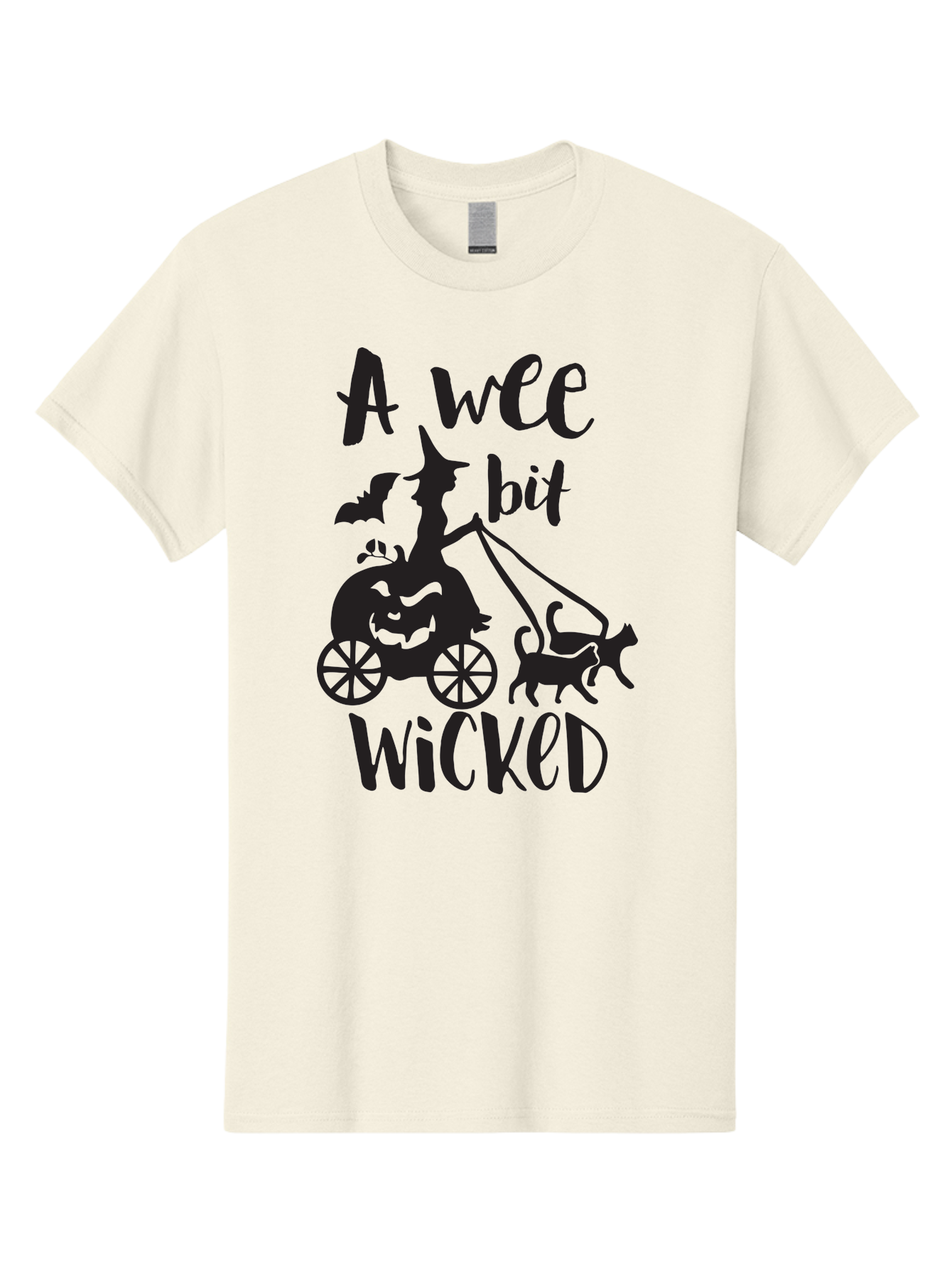 Wee-Bit-Wicked Men'S Graphic Tee, 100% Cotton, Comfortable Casual Summer Wear, Machine Washable, Witch Riding Pumpkin Cart, Black Cats, Bats, Halloween Silhouette, Spooky Scene, Halloween Decorations, Witchy Vibes, Jack-O-Lantern, Aad293