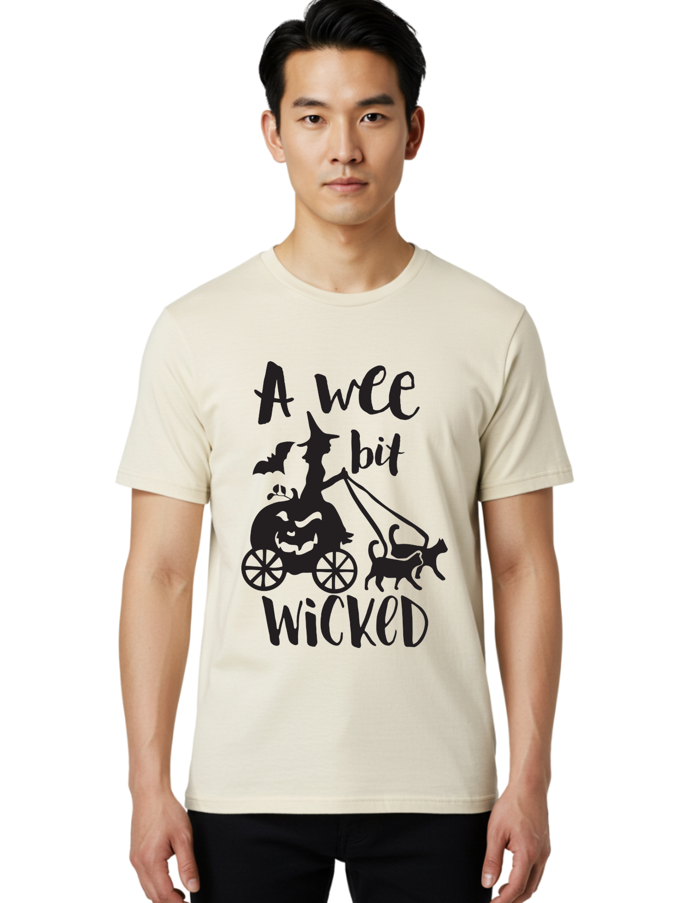 Wee-Bit-Wicked Men'S Graphic Tee, 100% Cotton, Comfortable Casual Summer Wear, Machine Washable, Witch Riding Pumpkin Cart, Black Cats, Bats, Halloween Silhouette, Spooky Scene, Halloween Decorations, Witchy Vibes, Jack-O-Lantern, Aad293