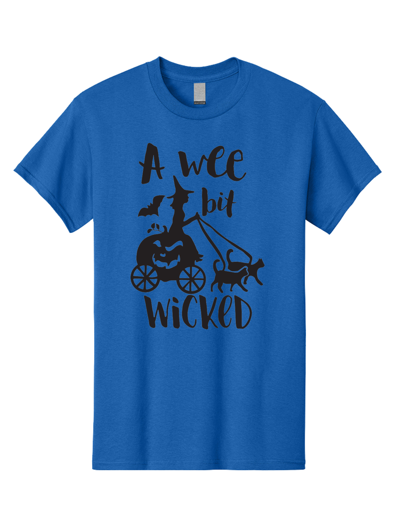 Wee-Bit-Wicked Men'S Graphic Tee, 100% Cotton, Comfortable Casual Summer Wear, Machine Washable, Witch Riding Pumpkin Cart, Black Cats, Bats, Halloween Silhouette, Spooky Scene, Halloween Decorations, Witchy Vibes, Jack-O-Lantern, Aad293