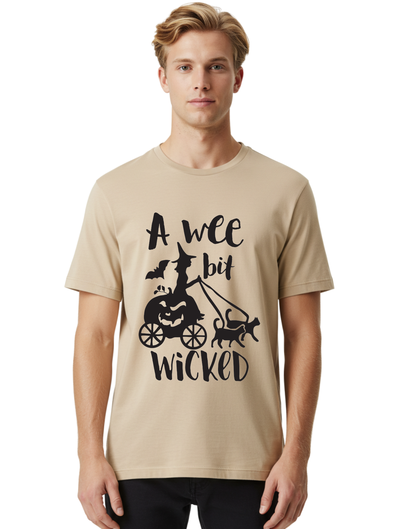 Wee-Bit-Wicked Men'S Graphic Tee, 100% Cotton, Comfortable Casual Summer Wear, Machine Washable, Witch Riding Pumpkin Cart, Black Cats, Bats, Halloween Silhouette, Spooky Scene, Halloween Decorations, Witchy Vibes, Jack-O-Lantern, Aad293