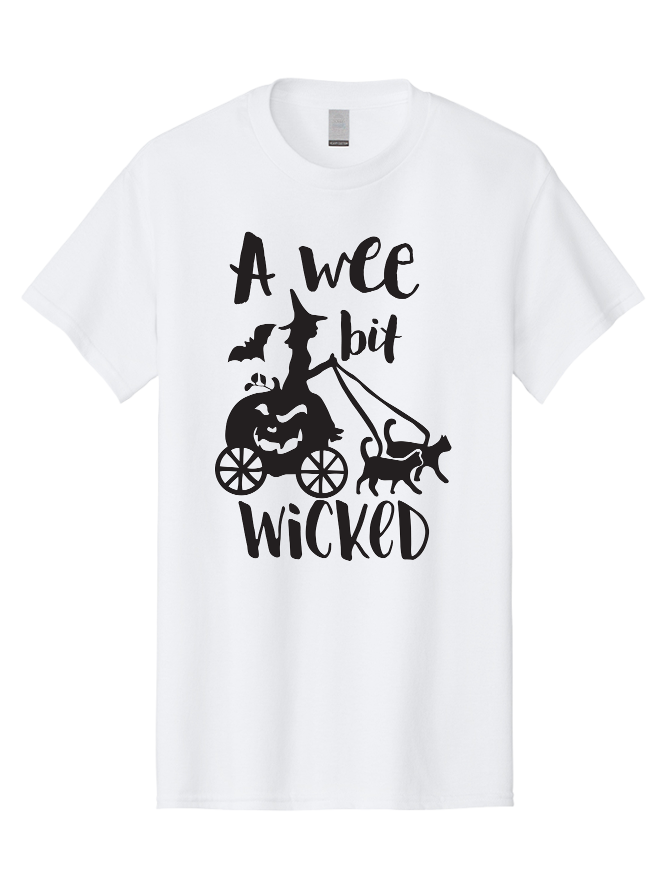 Wee-Bit-Wicked Men'S Graphic Tee, 100% Cotton, Comfortable Casual Summer Wear, Machine Washable, Witch Riding Pumpkin Cart, Black Cats, Bats, Halloween Silhouette, Spooky Scene, Halloween Decorations, Witchy Vibes, Jack-O-Lantern, Aad293