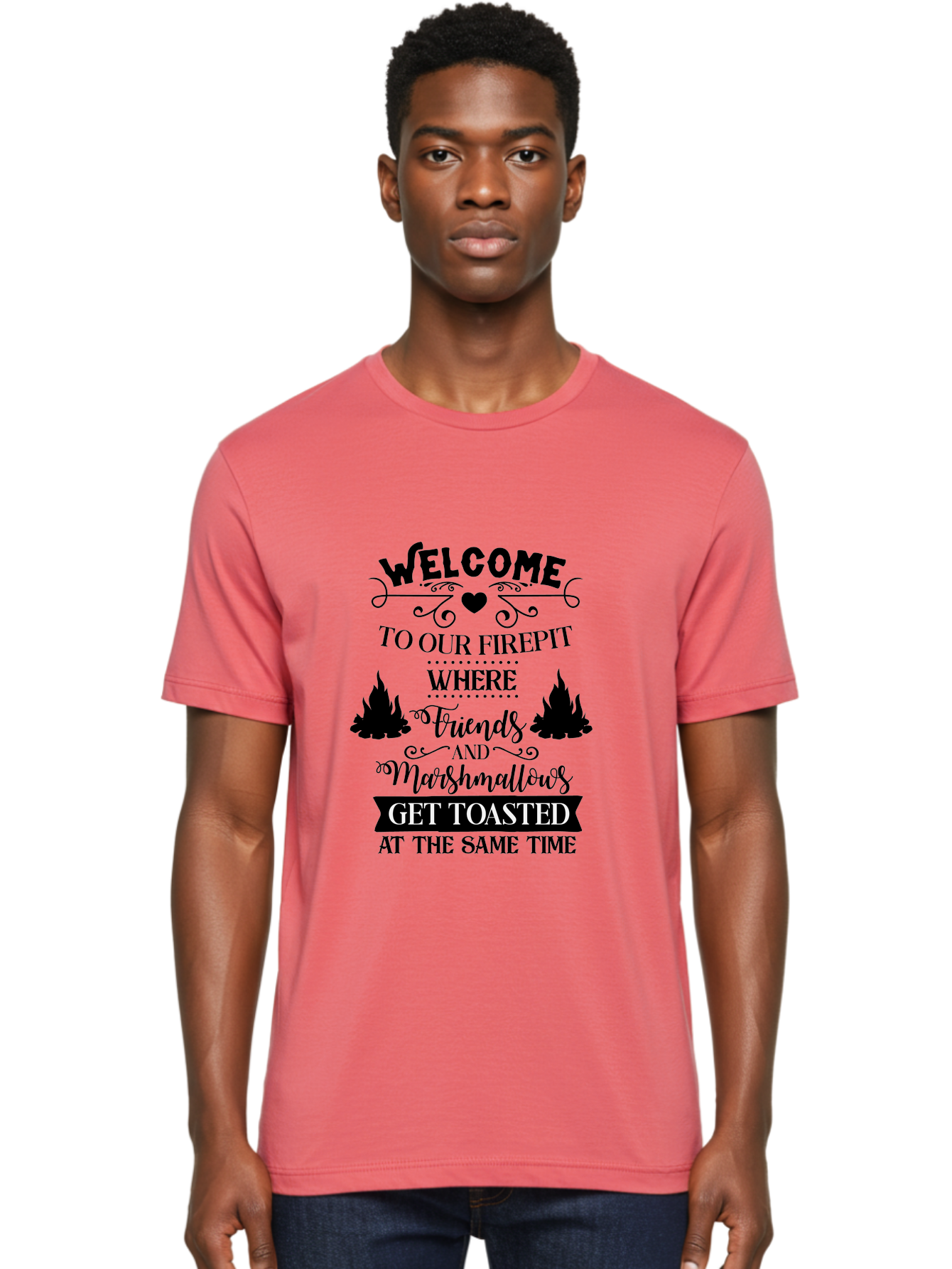 Welcome-To-Our-Firepit Men'S Graphic Tee, 100% Cotton, Comfortable Casual Summer Wear, Machine Washable, Camping Quotes, Friendship Quotes, Marshmallow Toasting, Campfire Quotes, Outdoor Fun, Friendship And Marshmallows, Toasted Treats, Aad296