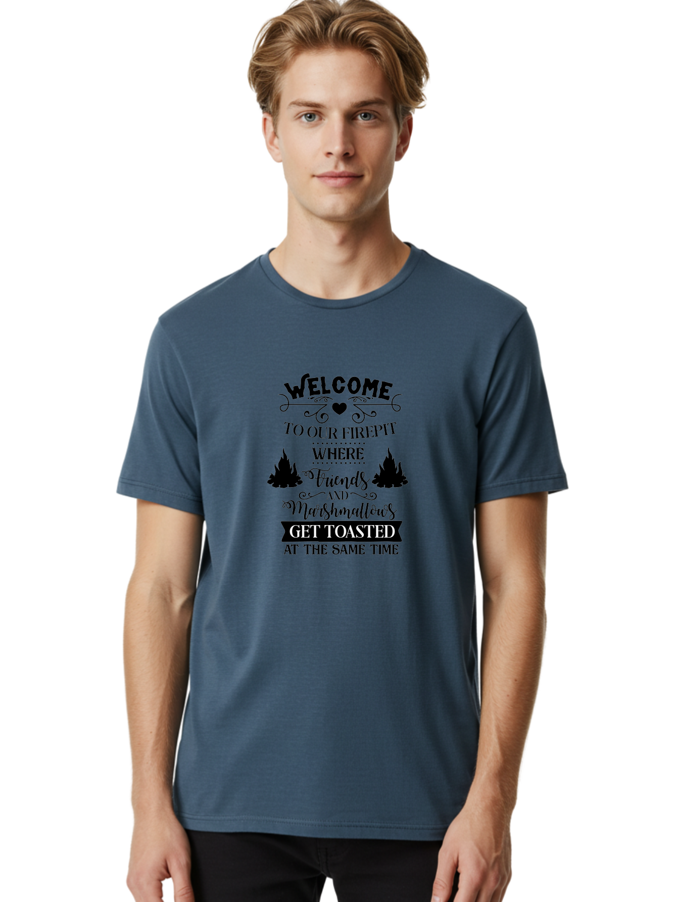 Welcome-To-Our-Firepit Men'S Graphic Tee, 100% Cotton, Comfortable Casual Summer Wear, Machine Washable, Camping Quotes, Friendship Quotes, Marshmallow Toasting, Campfire Quotes, Outdoor Fun, Friendship And Marshmallows, Toasted Treats, Aad296