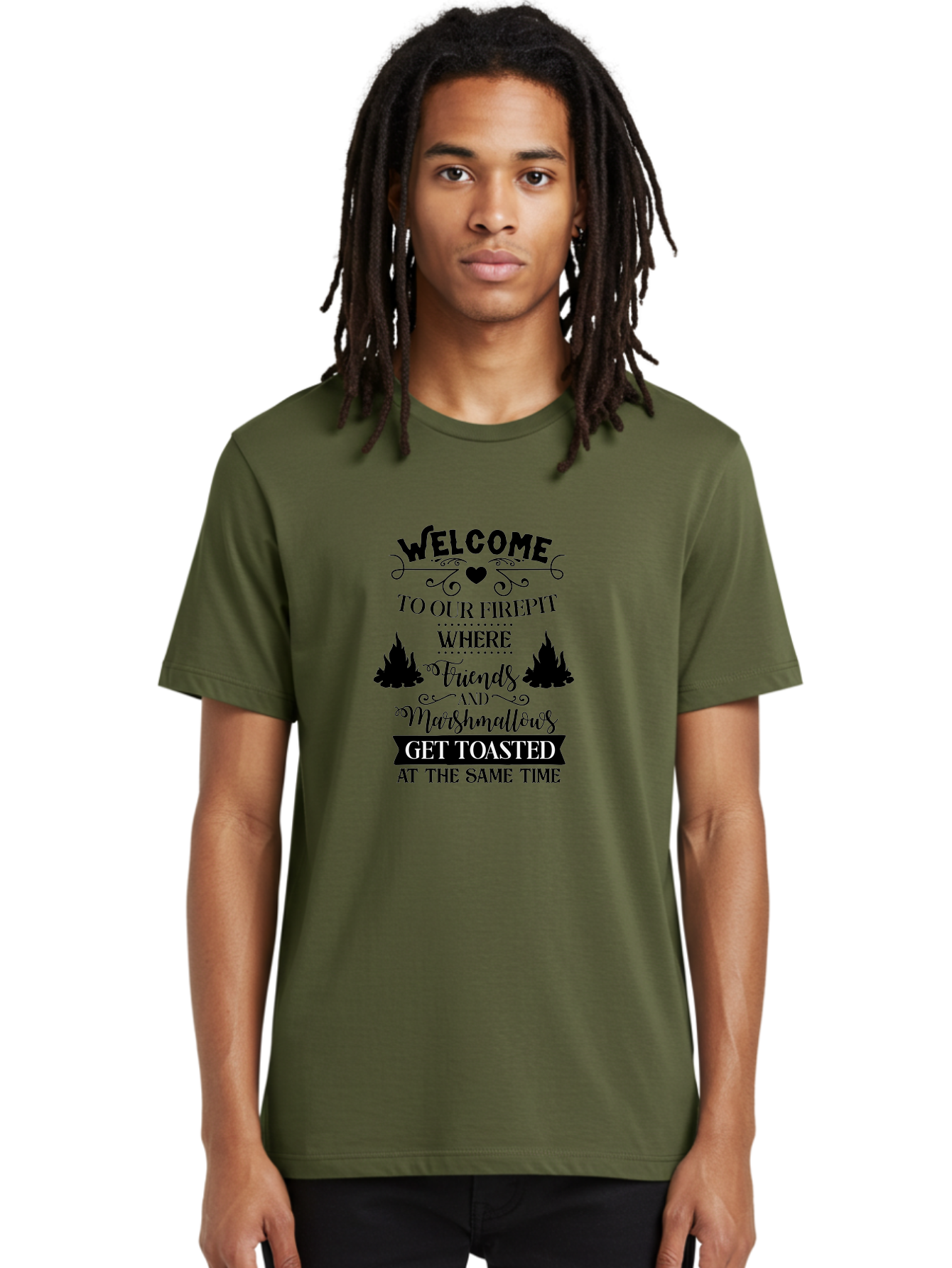 Welcome-To-Our-Firepit Men'S Graphic Tee, 100% Cotton, Comfortable Casual Summer Wear, Machine Washable, Camping Quotes, Friendship Quotes, Marshmallow Toasting, Campfire Quotes, Outdoor Fun, Friendship And Marshmallows, Toasted Treats, Aad296