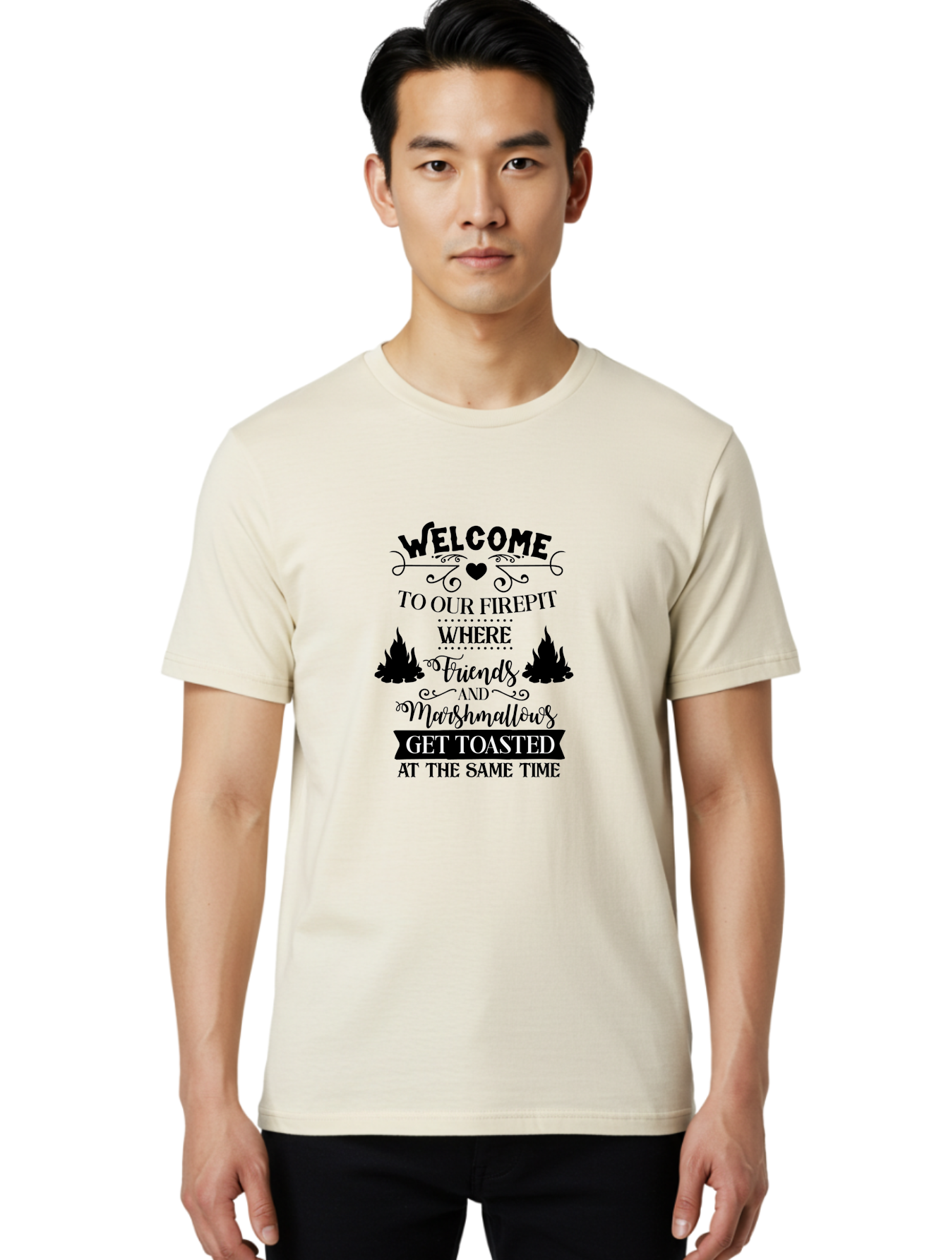Welcome-To-Our-Firepit Men'S Graphic Tee, 100% Cotton, Comfortable Casual Summer Wear, Machine Washable, Camping Quotes, Friendship Quotes, Marshmallow Toasting, Campfire Quotes, Outdoor Fun, Friendship And Marshmallows, Toasted Treats, Aad296