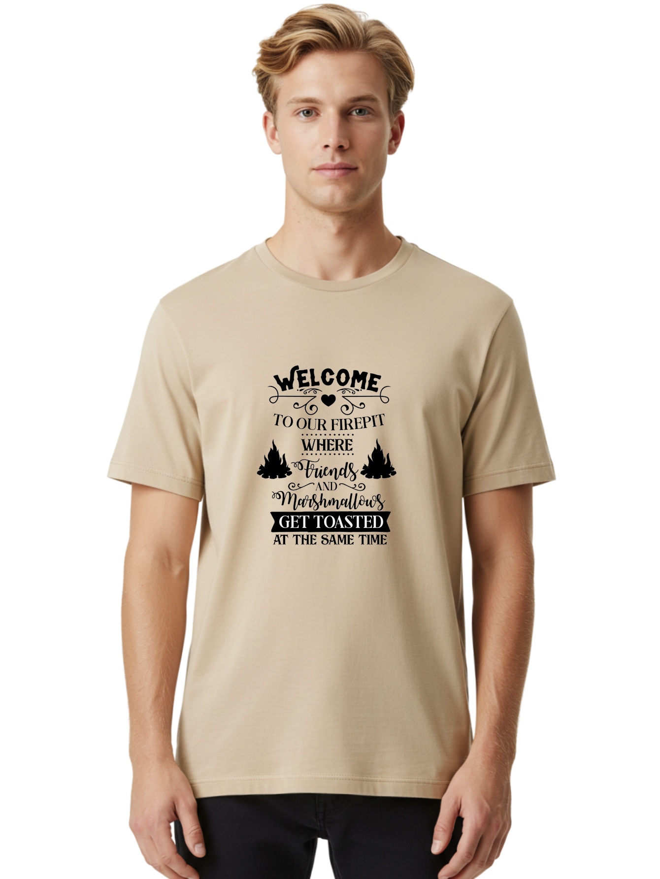 Welcome-To-Our-Firepit Men'S Graphic Tee, 100% Cotton, Comfortable Casual Summer Wear, Machine Washable, Camping Quotes, Friendship Quotes, Marshmallow Toasting, Campfire Quotes, Outdoor Fun, Friendship And Marshmallows, Toasted Treats, Aad296