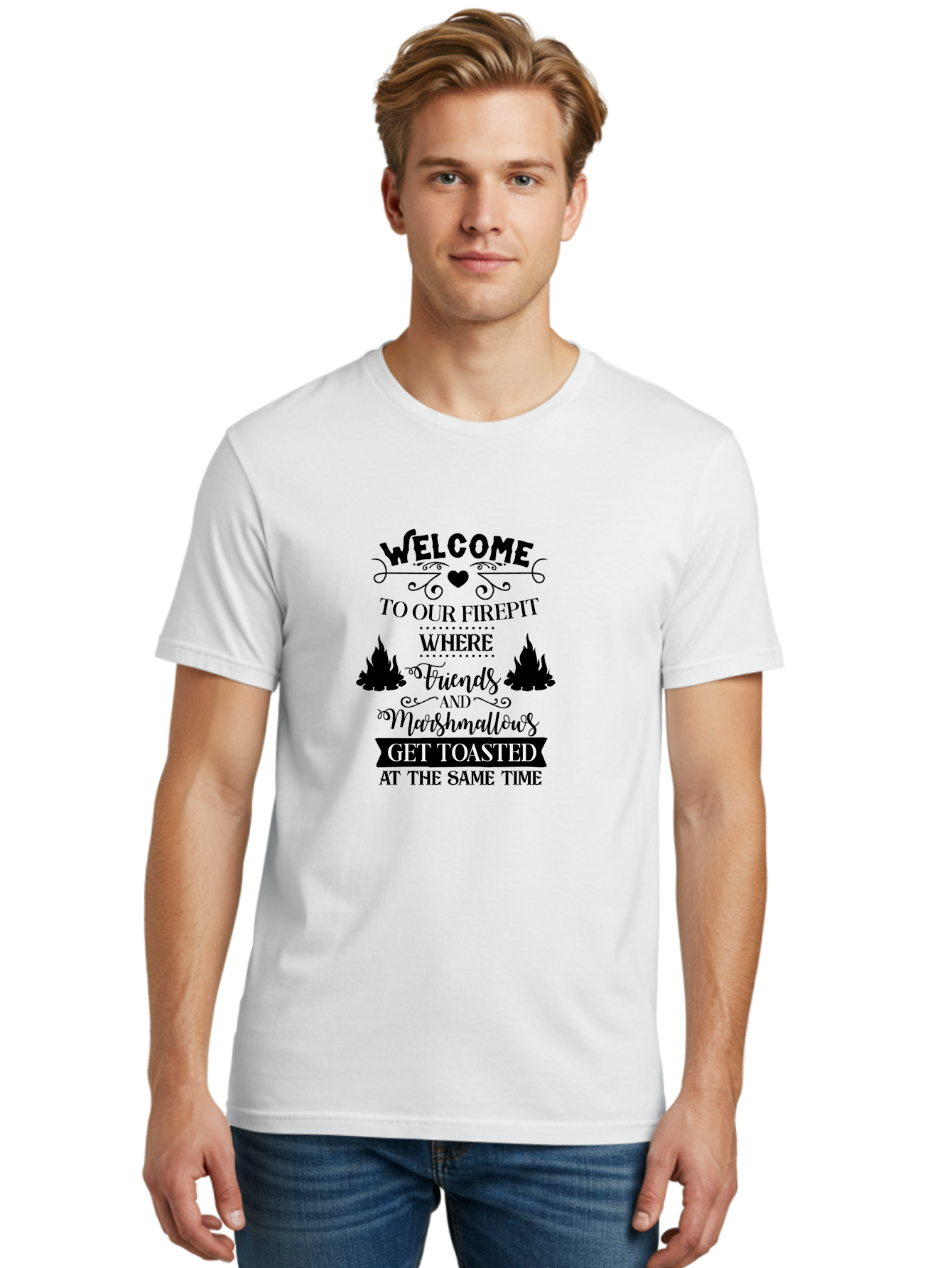 Welcome-To-Our-Firepit Men'S Graphic Tee, 100% Cotton, Comfortable Casual Summer Wear, Machine Washable, Camping Quotes, Friendship Quotes, Marshmallow Toasting, Campfire Quotes, Outdoor Fun, Friendship And Marshmallows, Toasted Treats, Aad296