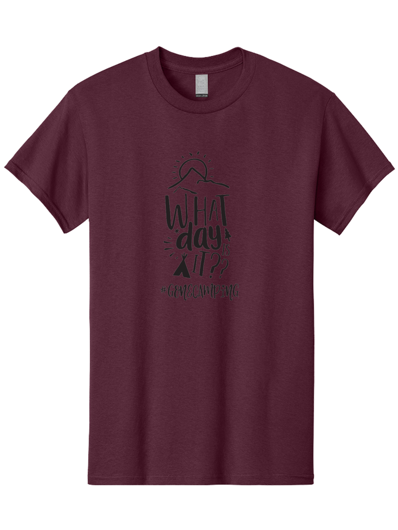 What-Day-Is-It-Gomecamping Men'S Graphic Tee, 100% Cotton, Comfortable Casual Summer Wear, Machine Washable, Camping Trip, Outdoor Adventure, Nature Escape, Teepee, Mountains, Sun, Stars, Hashtag Gomecamping, Camping Life, Weekend Getaway Aad297