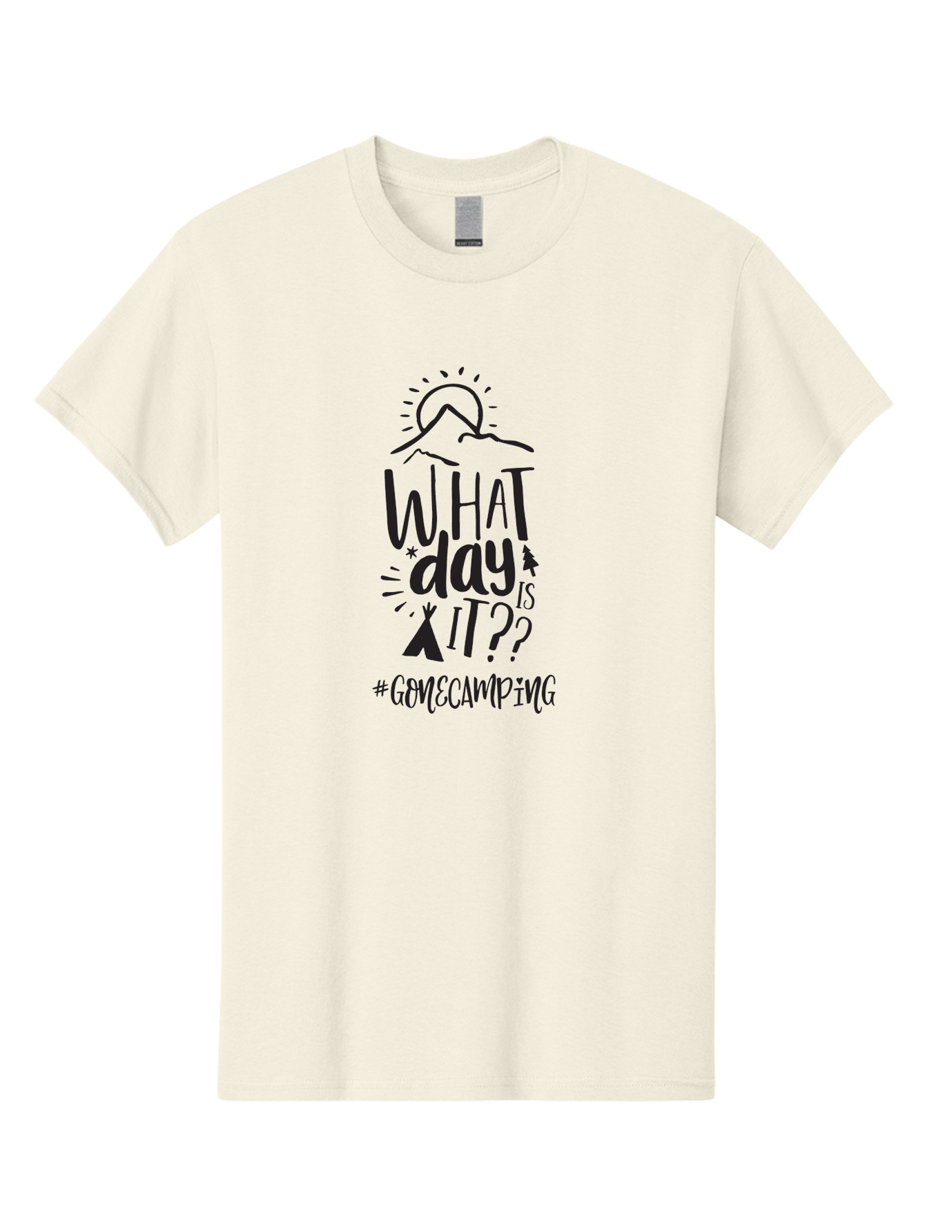 What-Day-Is-It-Gomecamping Men'S Graphic Tee, 100% Cotton, Comfortable Casual Summer Wear, Machine Washable, Camping Trip, Outdoor Adventure, Nature Escape, Teepee, Mountains, Sun, Stars, Hashtag Gomecamping, Camping Life, Weekend Getaway Aad297