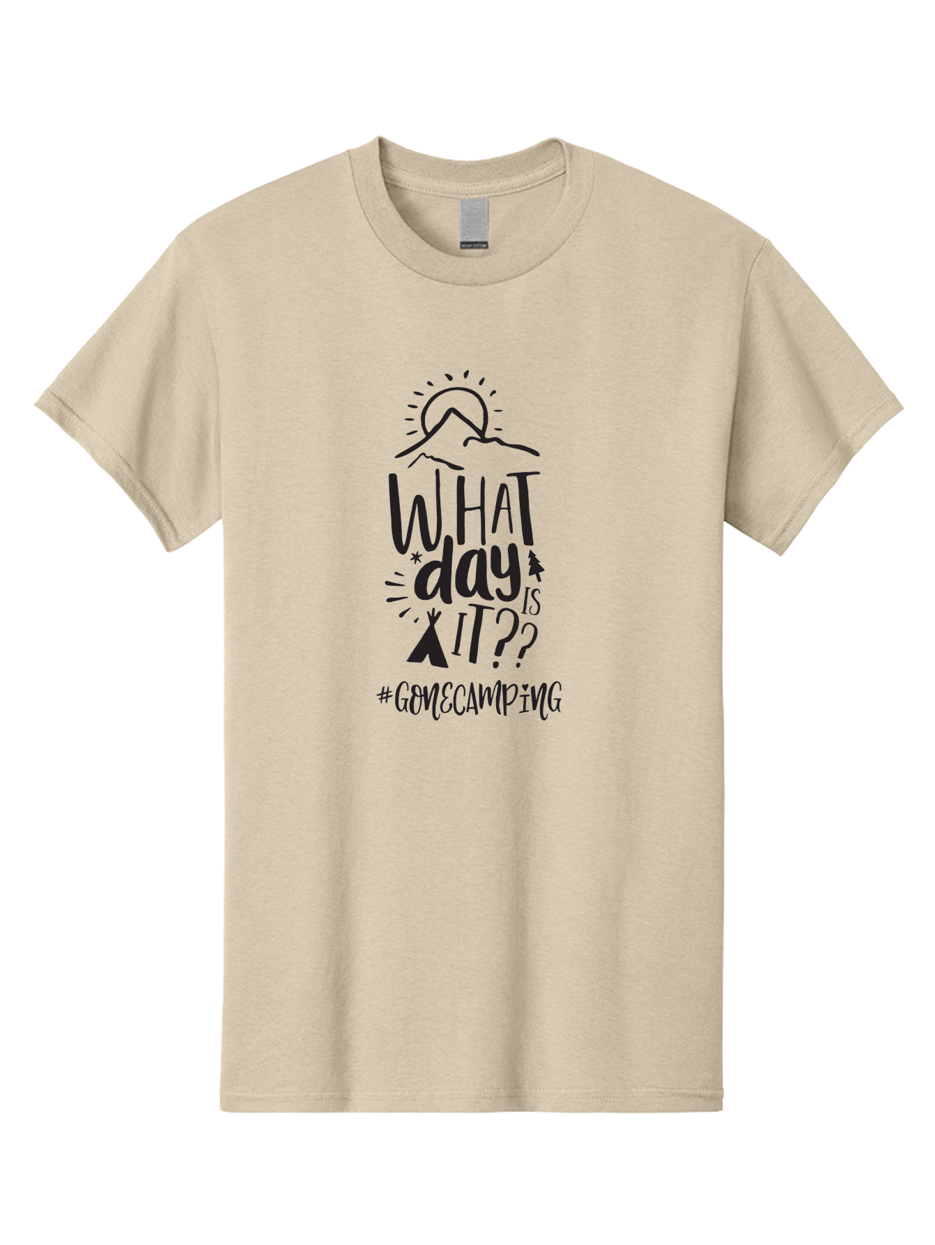What-Day-Is-It-Gomecamping Men'S Graphic Tee, 100% Cotton, Comfortable Casual Summer Wear, Machine Washable, Camping Trip, Outdoor Adventure, Nature Escape, Teepee, Mountains, Sun, Stars, Hashtag Gomecamping, Camping Life, Weekend Getaway Aad297