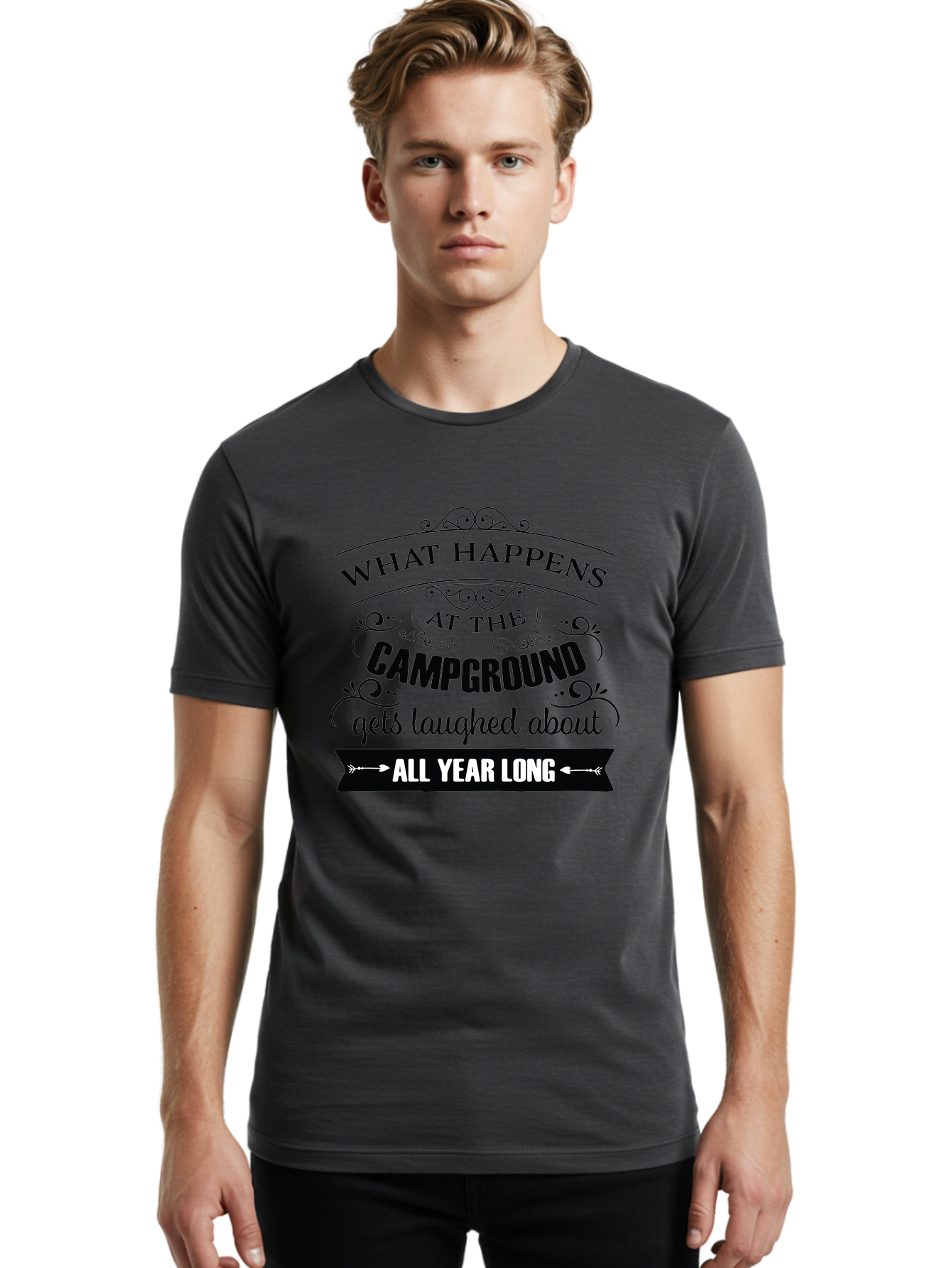 What-Happens-At-The-Campground Men'S Graphic Tee, 100% Cotton, Comfortable Casual Summer Wear, Machine Washable, Camping Funny, Humor Quotes, Outdoorsy Vibe, Camping Adventures, Outdoor Humor, Funny Sayings About Camping, Camping Jokes, Aad298