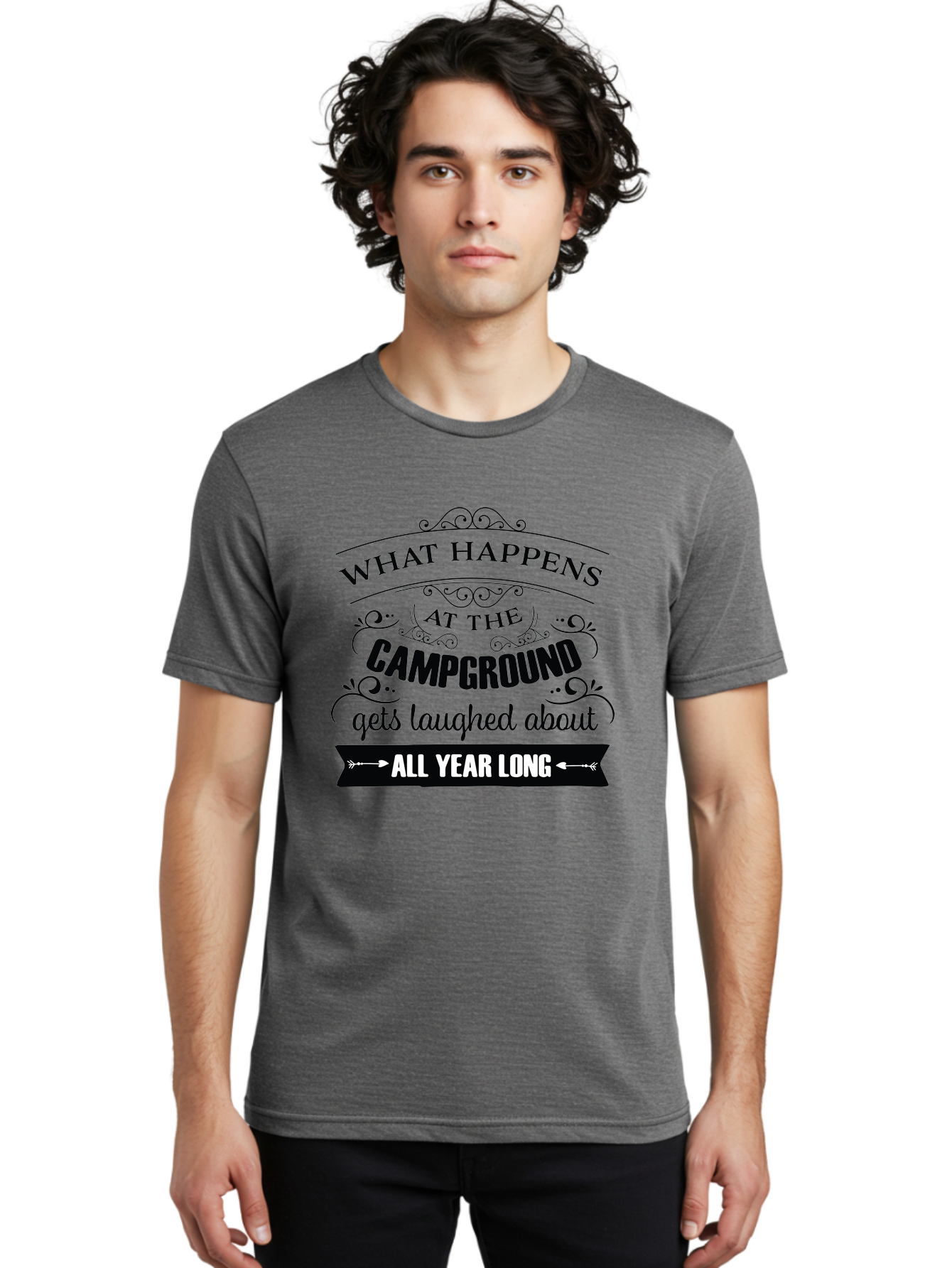 What-Happens-At-The-Campground Men'S Graphic Tee, 100% Cotton, Comfortable Casual Summer Wear, Machine Washable, Camping Funny, Humor Quotes, Outdoorsy Vibe, Camping Adventures, Outdoor Humor, Funny Sayings About Camping, Camping Jokes, Aad298
