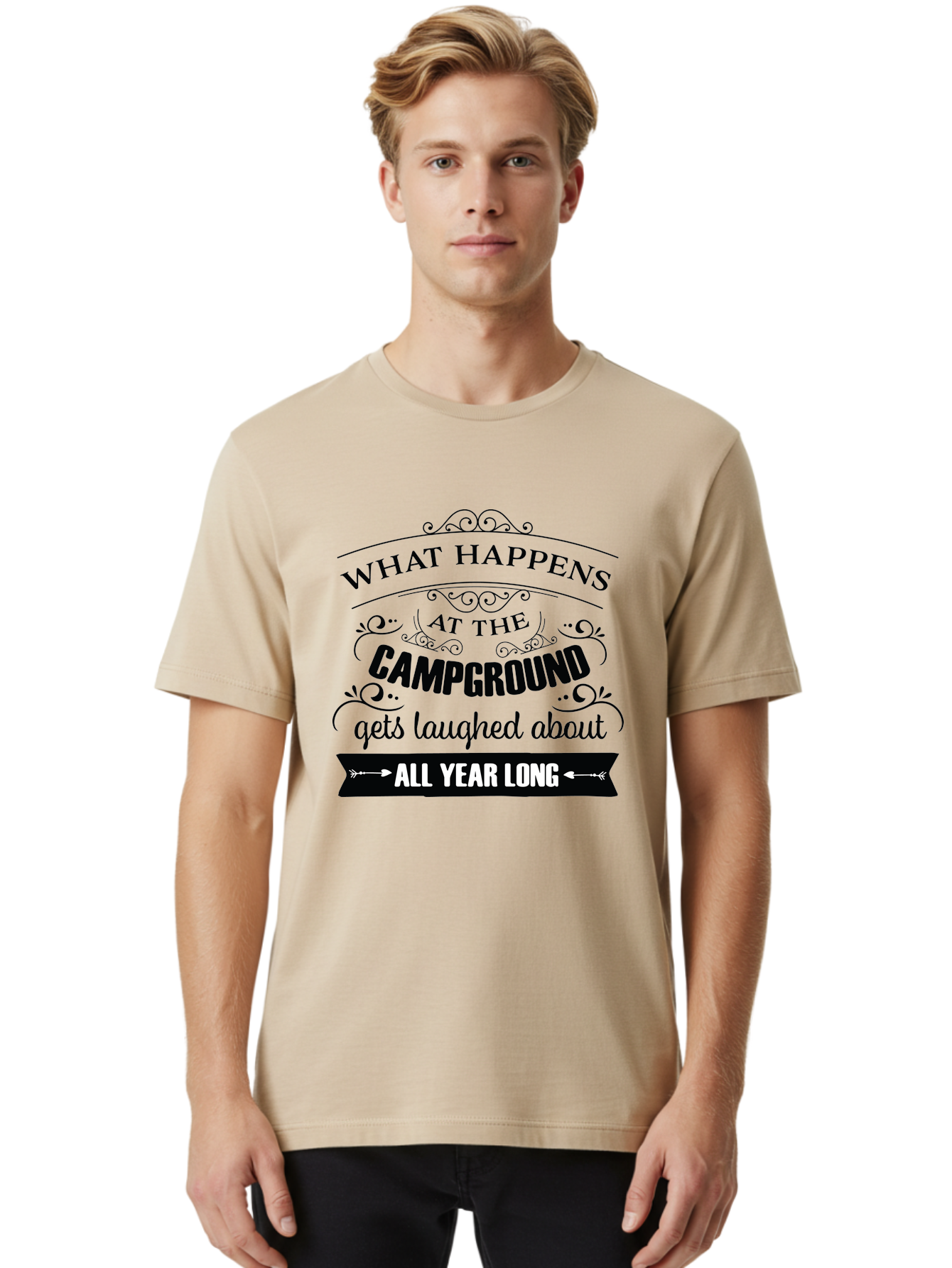 What-Happens-At-The-Campground Men'S Graphic Tee, 100% Cotton, Comfortable Casual Summer Wear, Machine Washable, Camping Funny, Humor Quotes, Outdoorsy Vibe, Camping Adventures, Outdoor Humor, Funny Sayings About Camping, Camping Jokes, Aad298