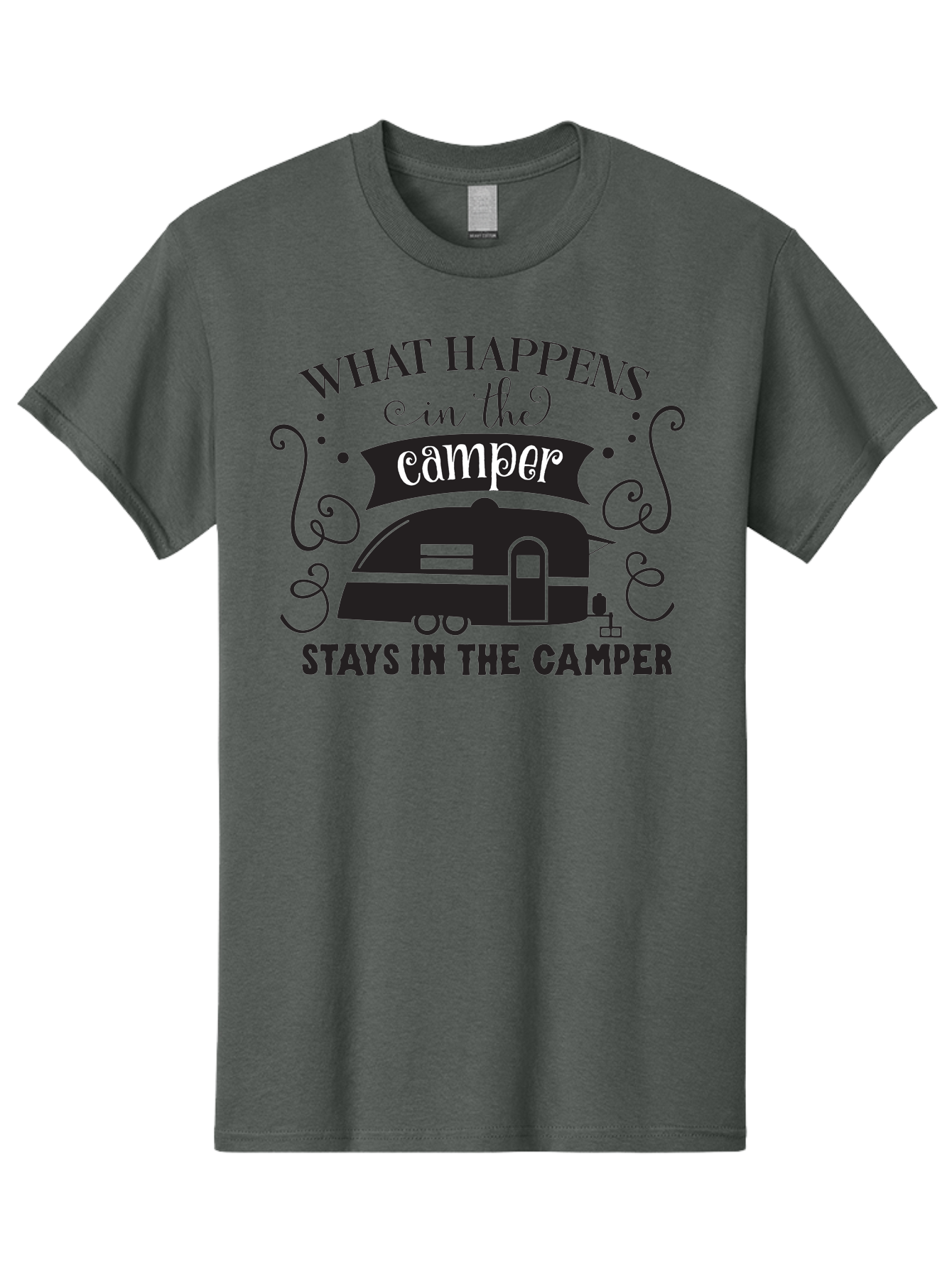 What-Happens-In-The-Camper Men'S Graphic Tee, 100% Cotton, Comfortable Casual Summer Wear, Machine Washable, Camper Trailer, Travel Trailer, Camping Humor, Funny Camping Quotes, Glamping, Outdoor Adventure, Camping Life, Rv Living, Aad299