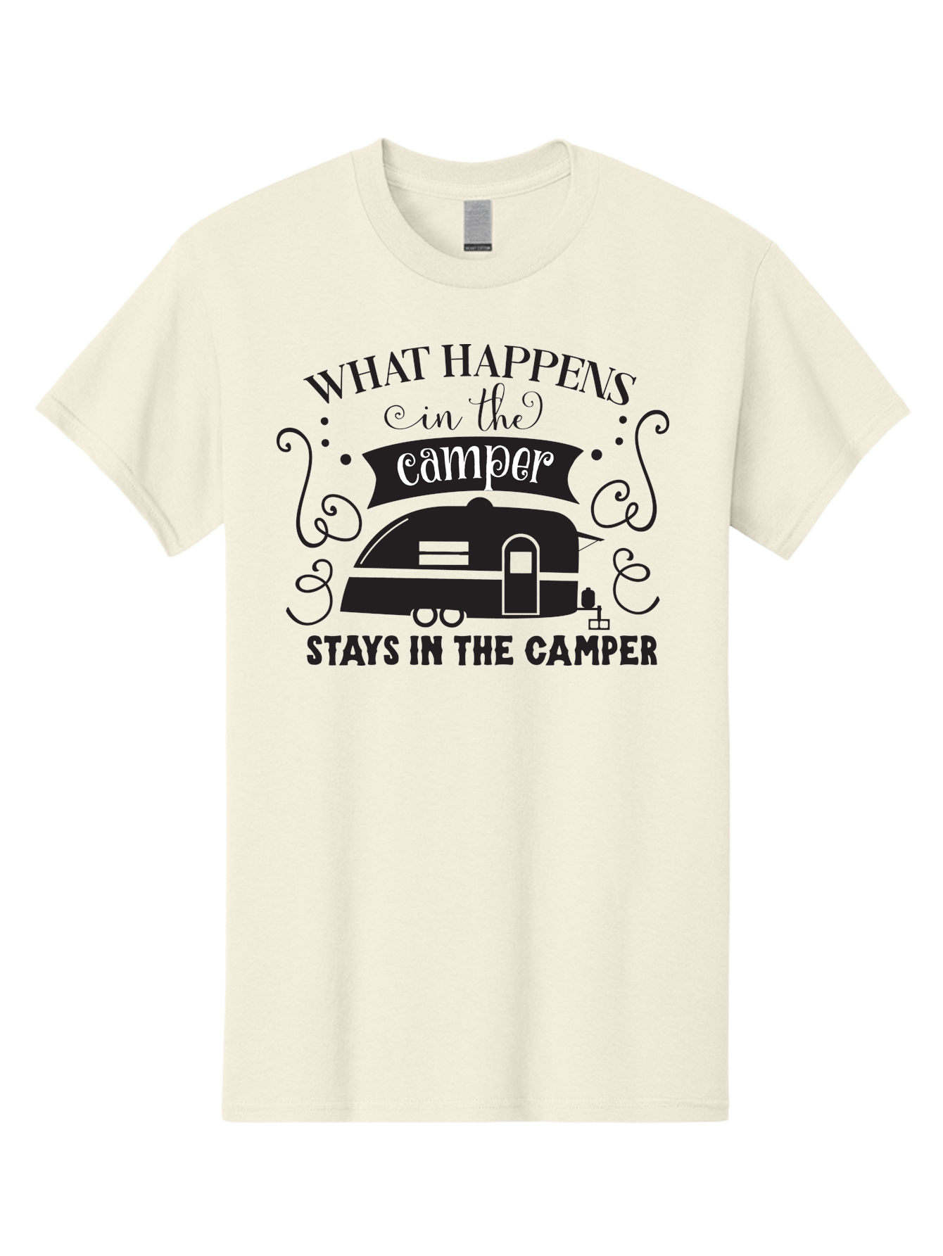 What-Happens-In-The-Camper Men'S Graphic Tee, 100% Cotton, Comfortable Casual Summer Wear, Machine Washable, Camper Trailer, Travel Trailer, Camping Humor, Funny Camping Quotes, Glamping, Outdoor Adventure, Camping Life, Rv Living, Aad299