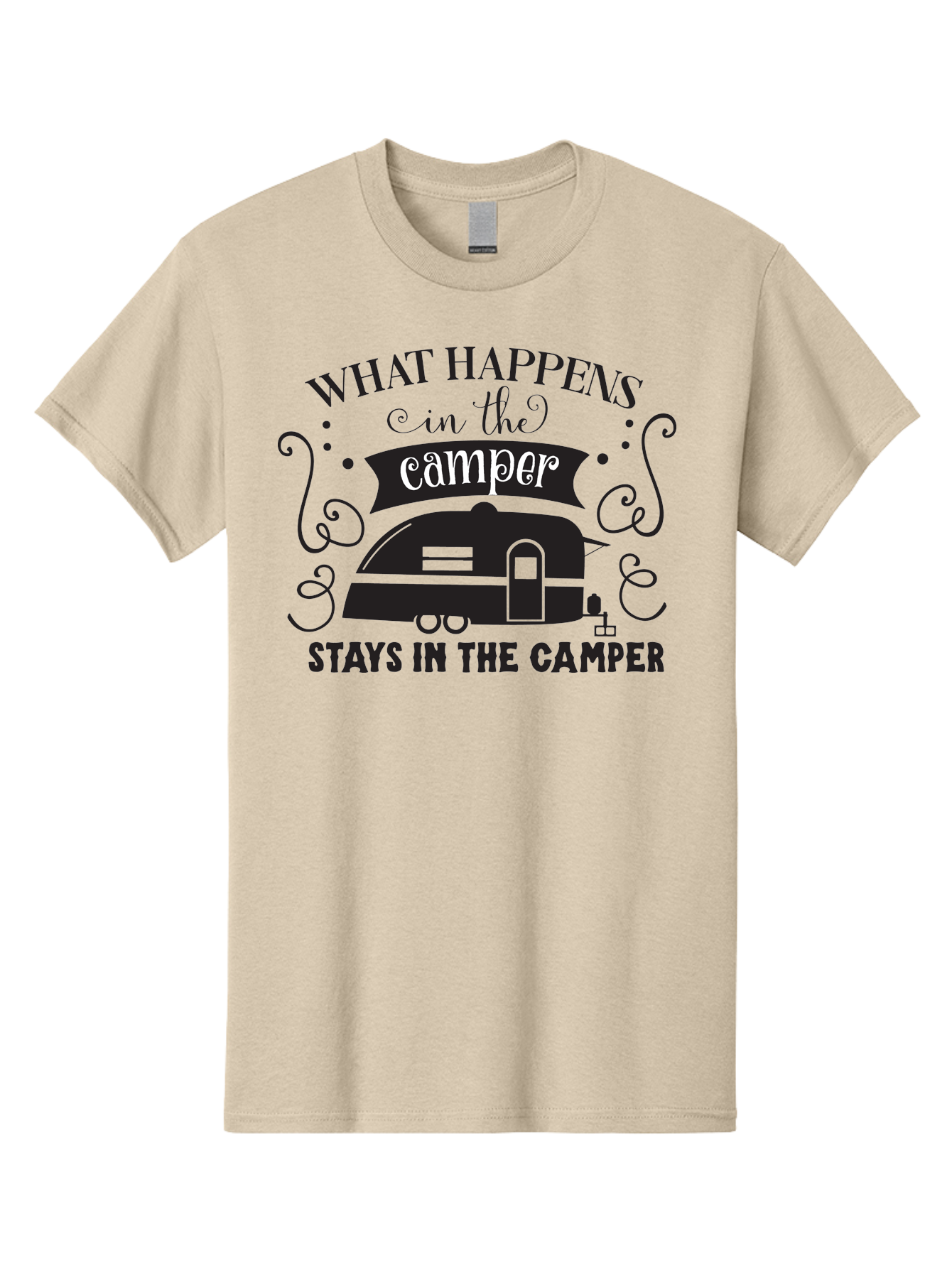 What-Happens-In-The-Camper Men'S Graphic Tee, 100% Cotton, Comfortable Casual Summer Wear, Machine Washable, Camper Trailer, Travel Trailer, Camping Humor, Funny Camping Quotes, Glamping, Outdoor Adventure, Camping Life, Rv Living, Aad299