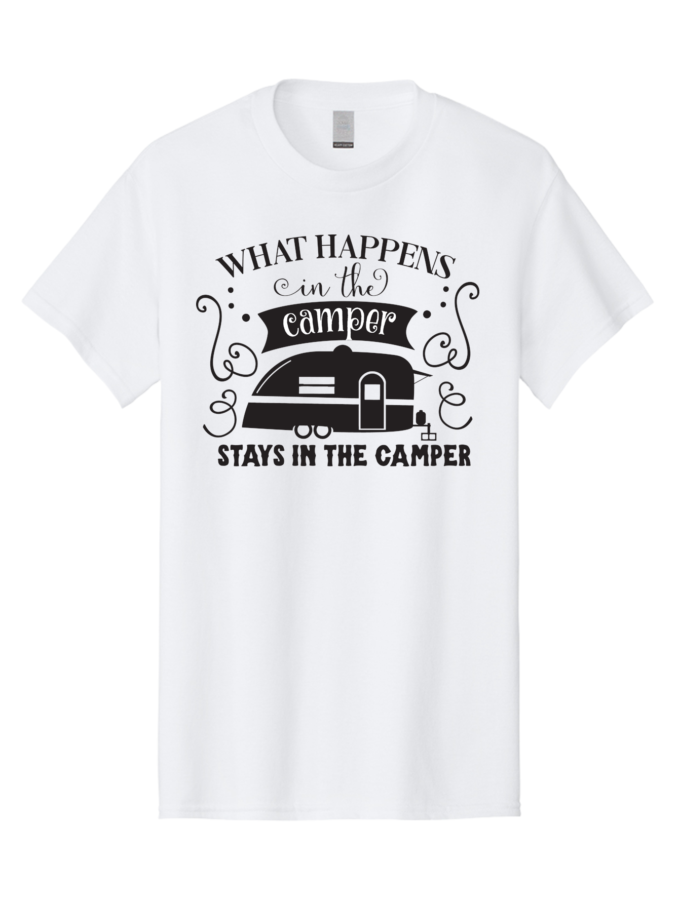 What-Happens-In-The-Camper Men'S Graphic Tee, 100% Cotton, Comfortable Casual Summer Wear, Machine Washable, Camper Trailer, Travel Trailer, Camping Humor, Funny Camping Quotes, Glamping, Outdoor Adventure, Camping Life, Rv Living, Aad299