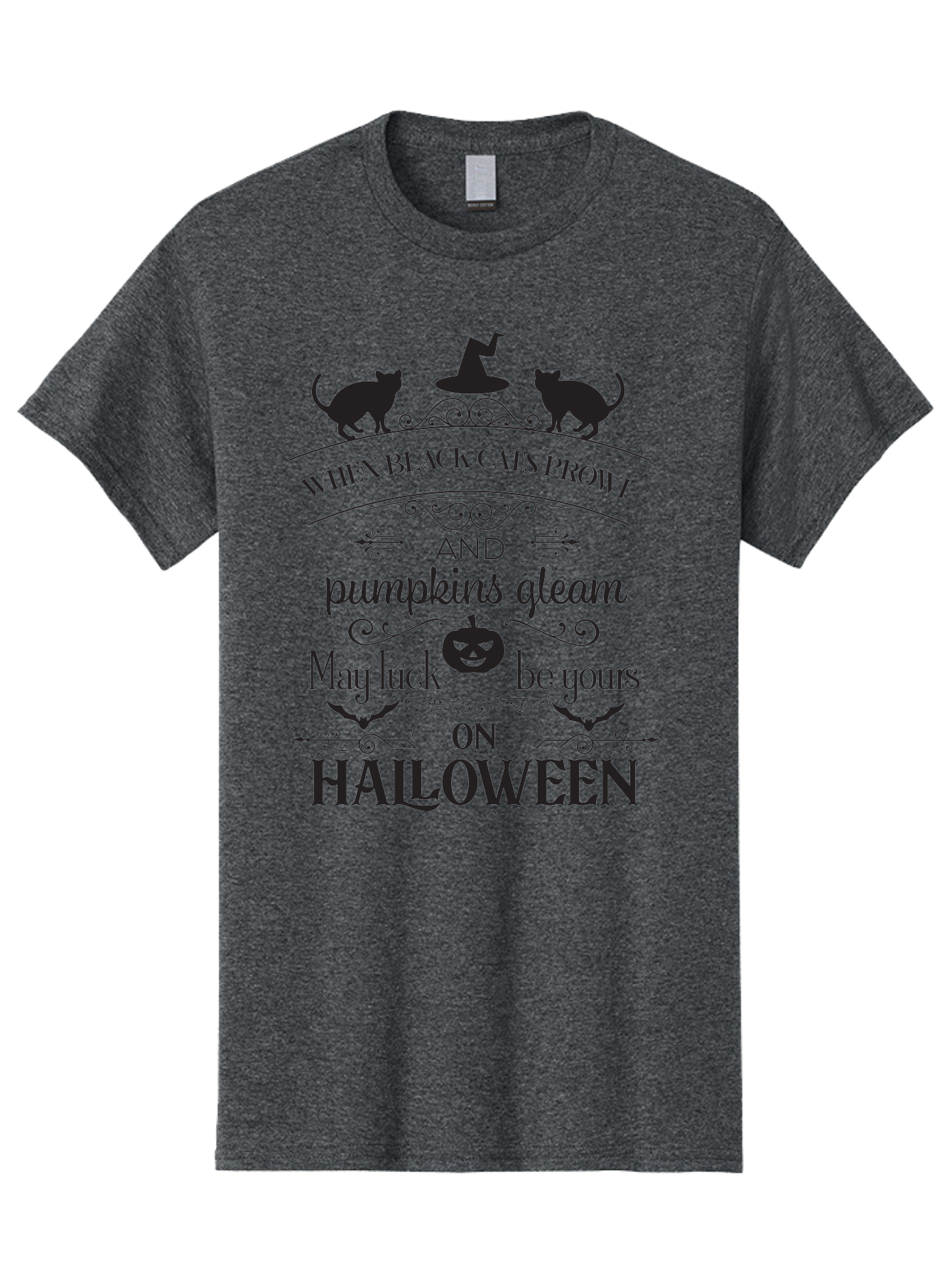 When-Black-Cats-Prowl Men'S Graphic Tee, 100% Cotton, Comfortable Casual Summer Wear, Machine Washable, Halloween Quote, Black Cats, Pumpkins, Halloween Luck, Spooky Season, Witch Hat, Autumn, Halloween Magic, Jack-O'-Lantern, Aad300