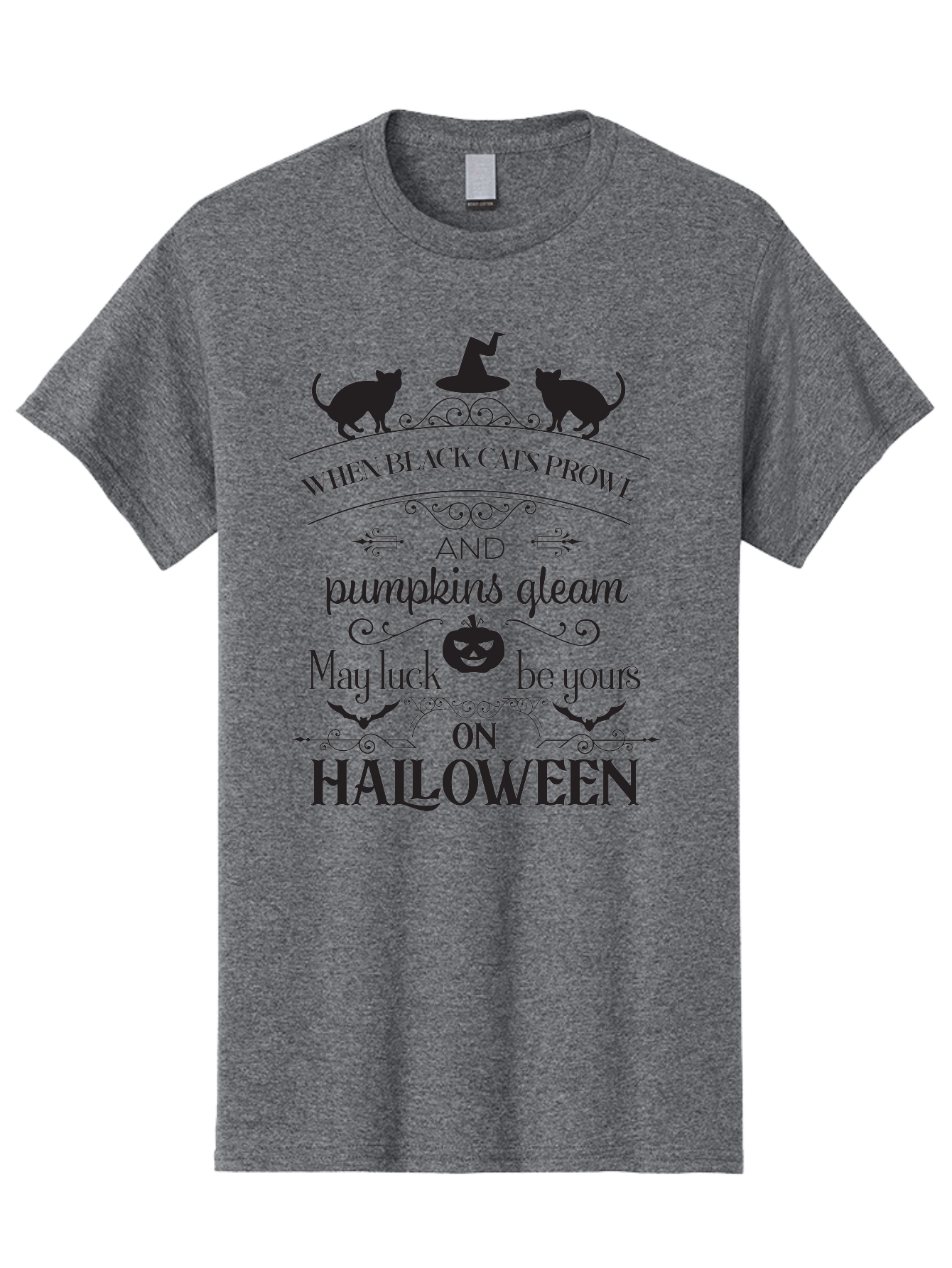 When-Black-Cats-Prowl Men'S Graphic Tee, 100% Cotton, Comfortable Casual Summer Wear, Machine Washable, Halloween Quote, Black Cats, Pumpkins, Halloween Luck, Spooky Season, Witch Hat, Autumn, Halloween Magic, Jack-O'-Lantern, Aad300