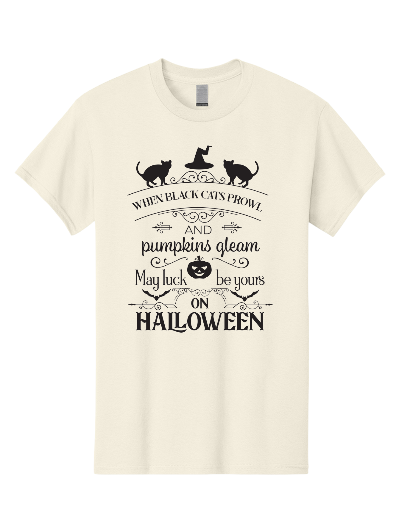 When-Black-Cats-Prowl Men'S Graphic Tee, 100% Cotton, Comfortable Casual Summer Wear, Machine Washable, Halloween Quote, Black Cats, Pumpkins, Halloween Luck, Spooky Season, Witch Hat, Autumn, Halloween Magic, Jack-O'-Lantern, Aad300